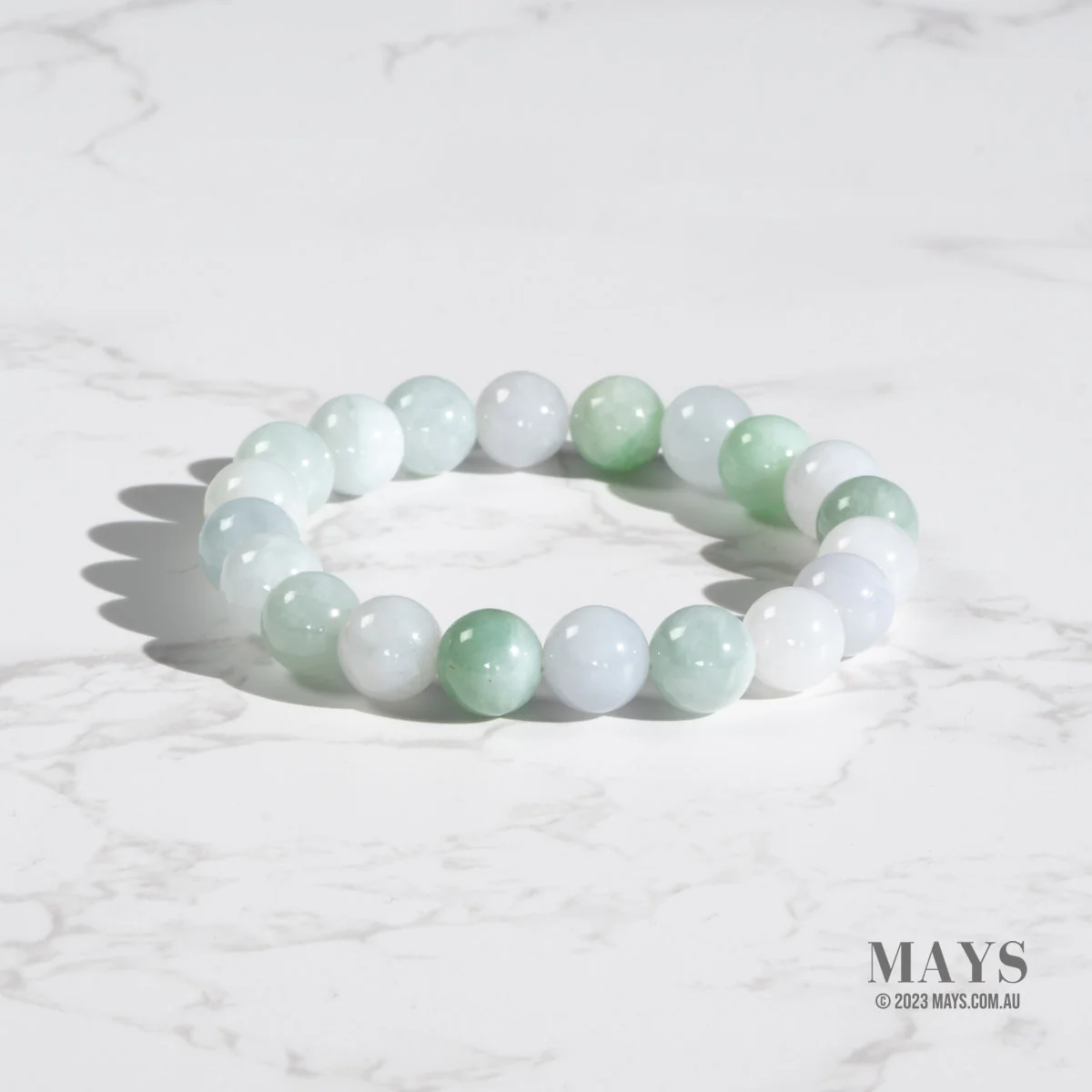 Pale Green and White Jadeite Jade Bead Bracelet - 9mm - Image 3