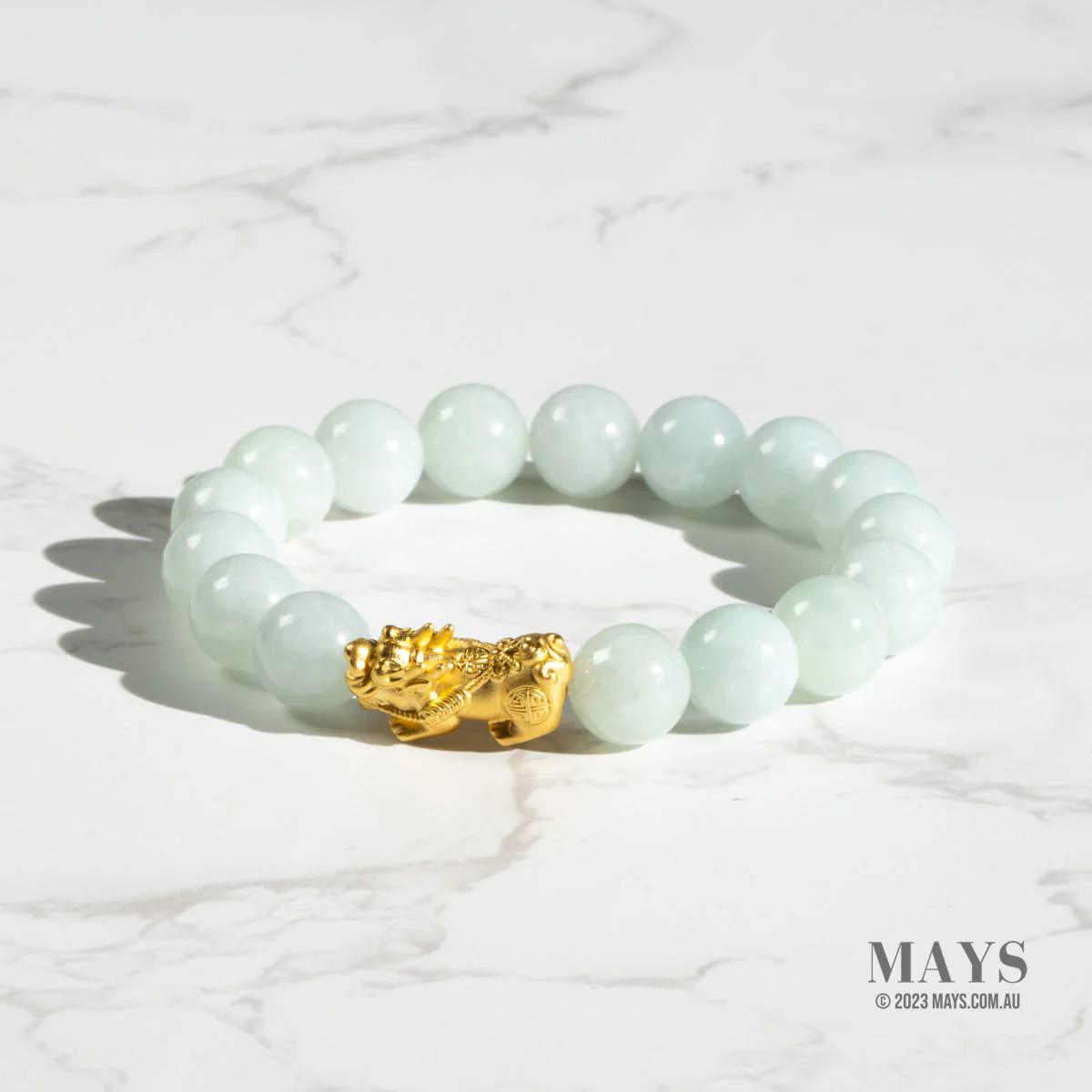 Pale Green Jadeite Jade Bead Bracelet with 24K Gold Pixiu - 10mm - Image 4