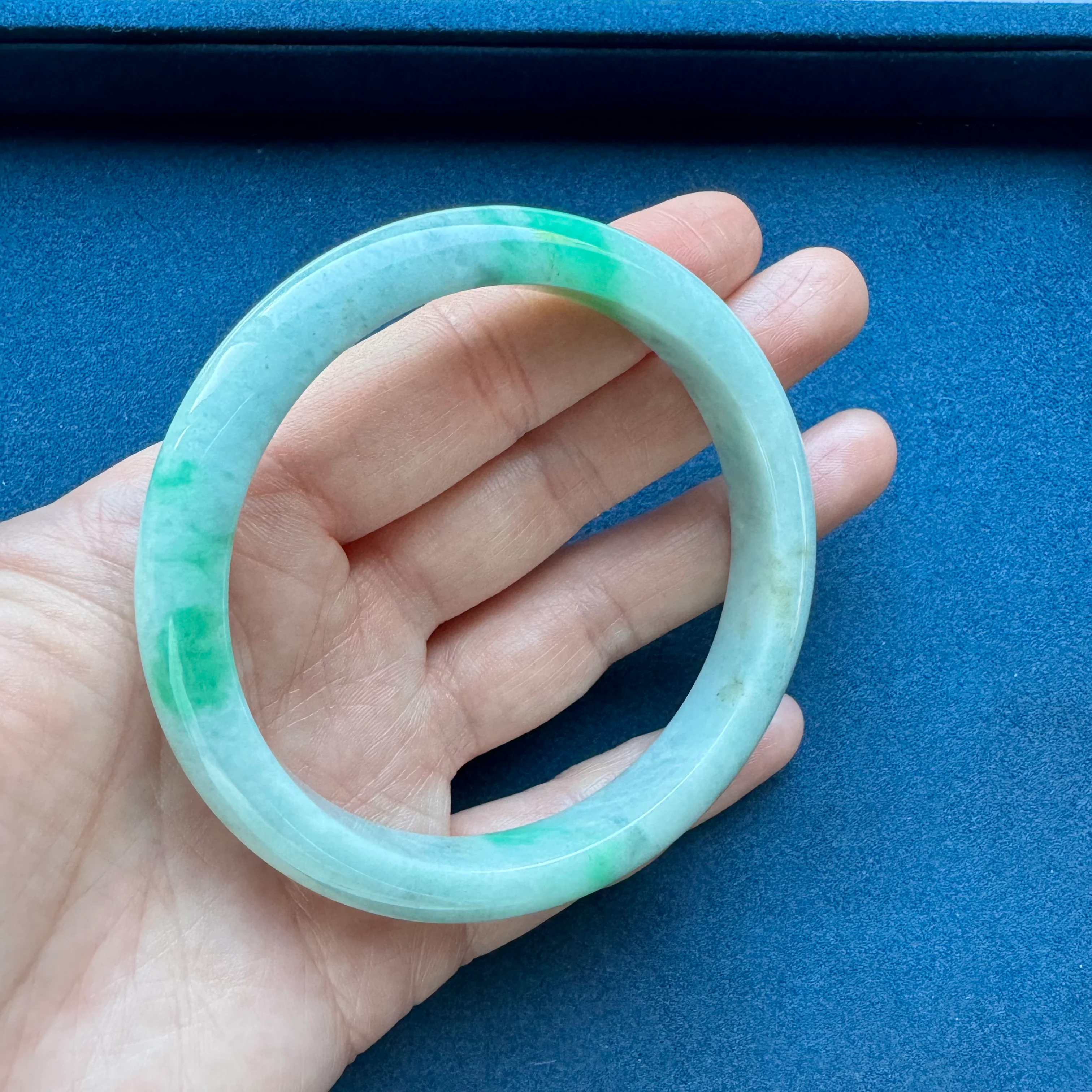 Real Grade A Pale Green with Light Green and Light Grey Pattern Jadeite Bracelet - 61mm Semi Round - Image 4