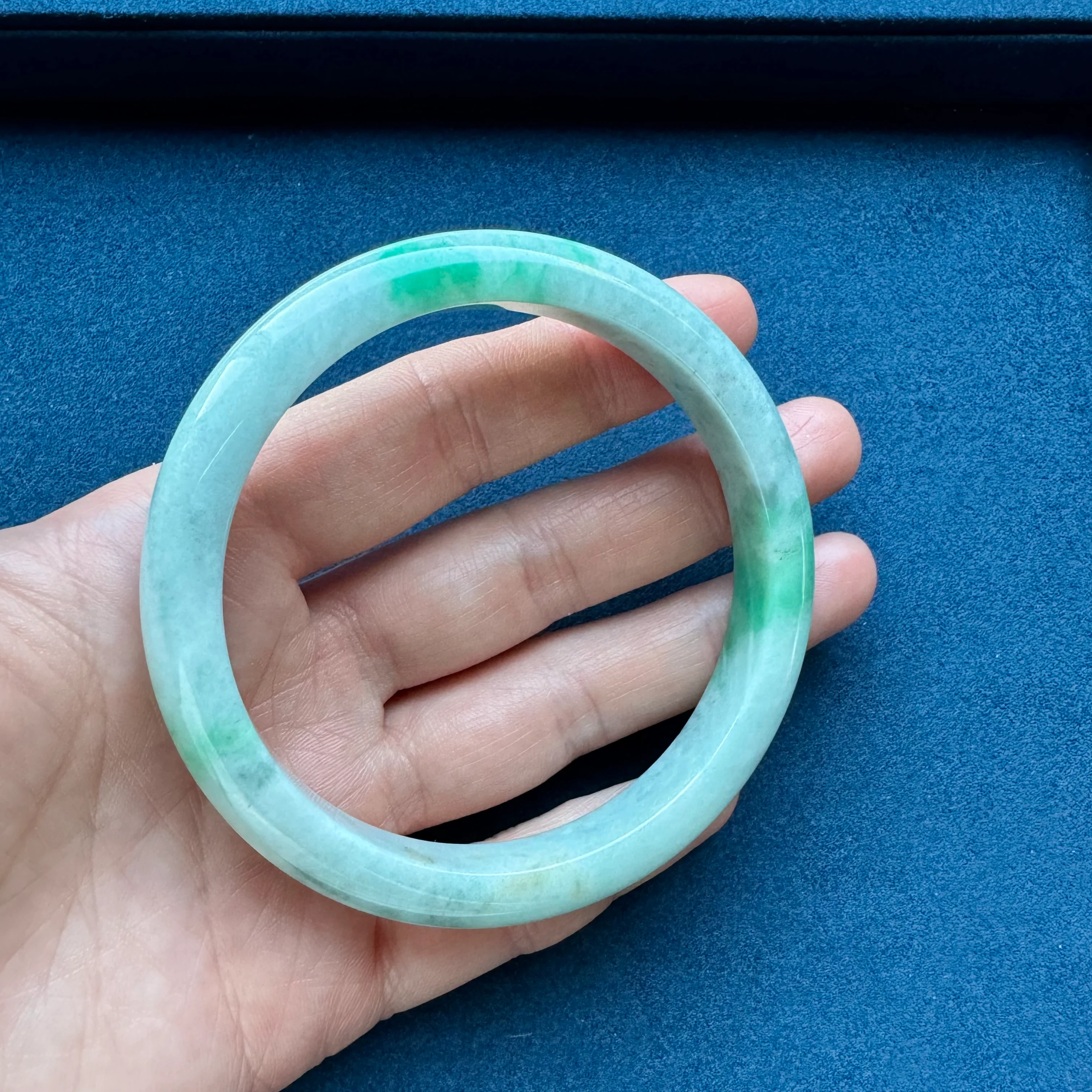 Real Grade A Pale Green with Light Green and Light Grey Pattern Jadeite Bracelet - 61mm Semi Round - Image 5