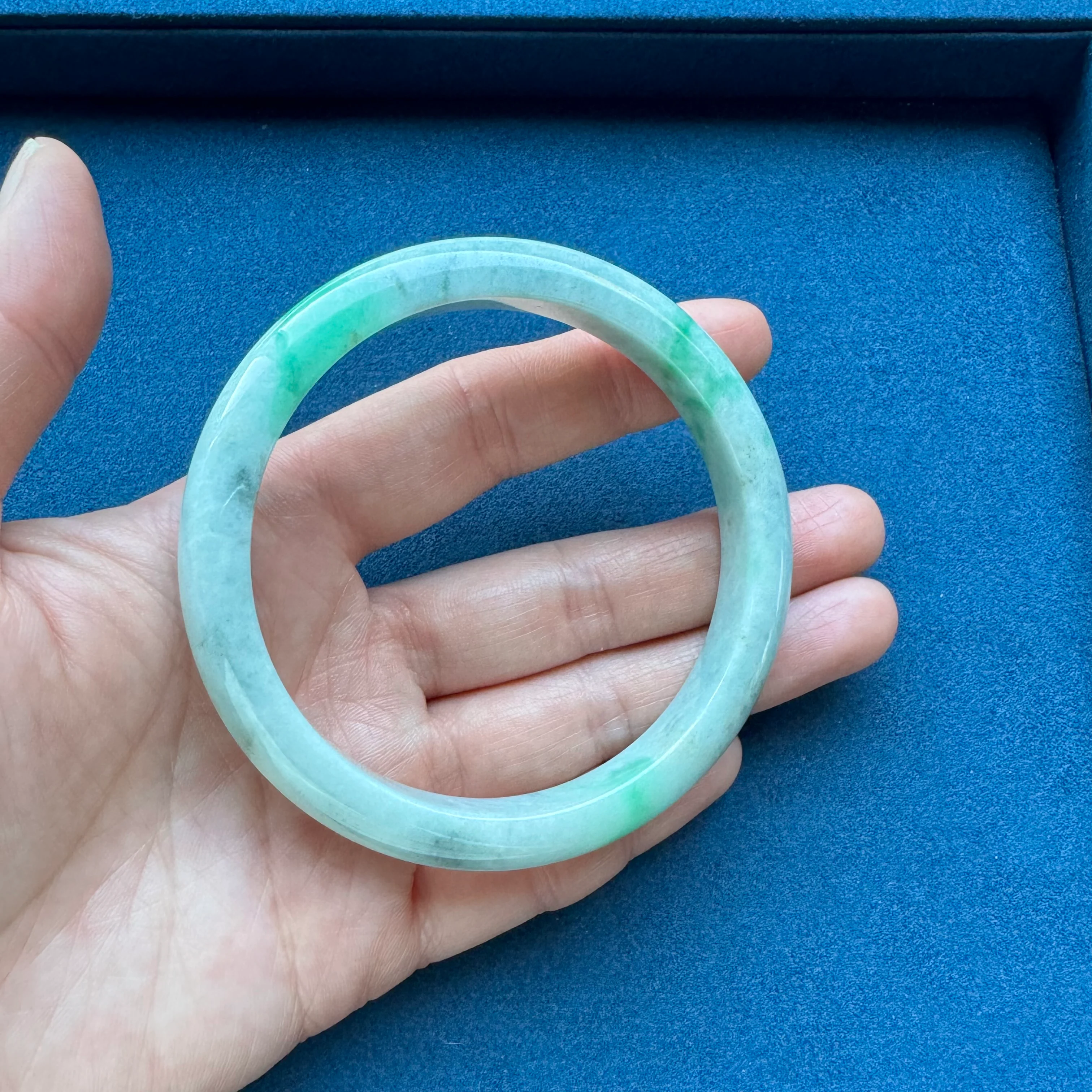 Real Grade A Pale Green with Light Green and Light Grey Pattern Jadeite Bracelet - 61mm Semi Round - Image 6