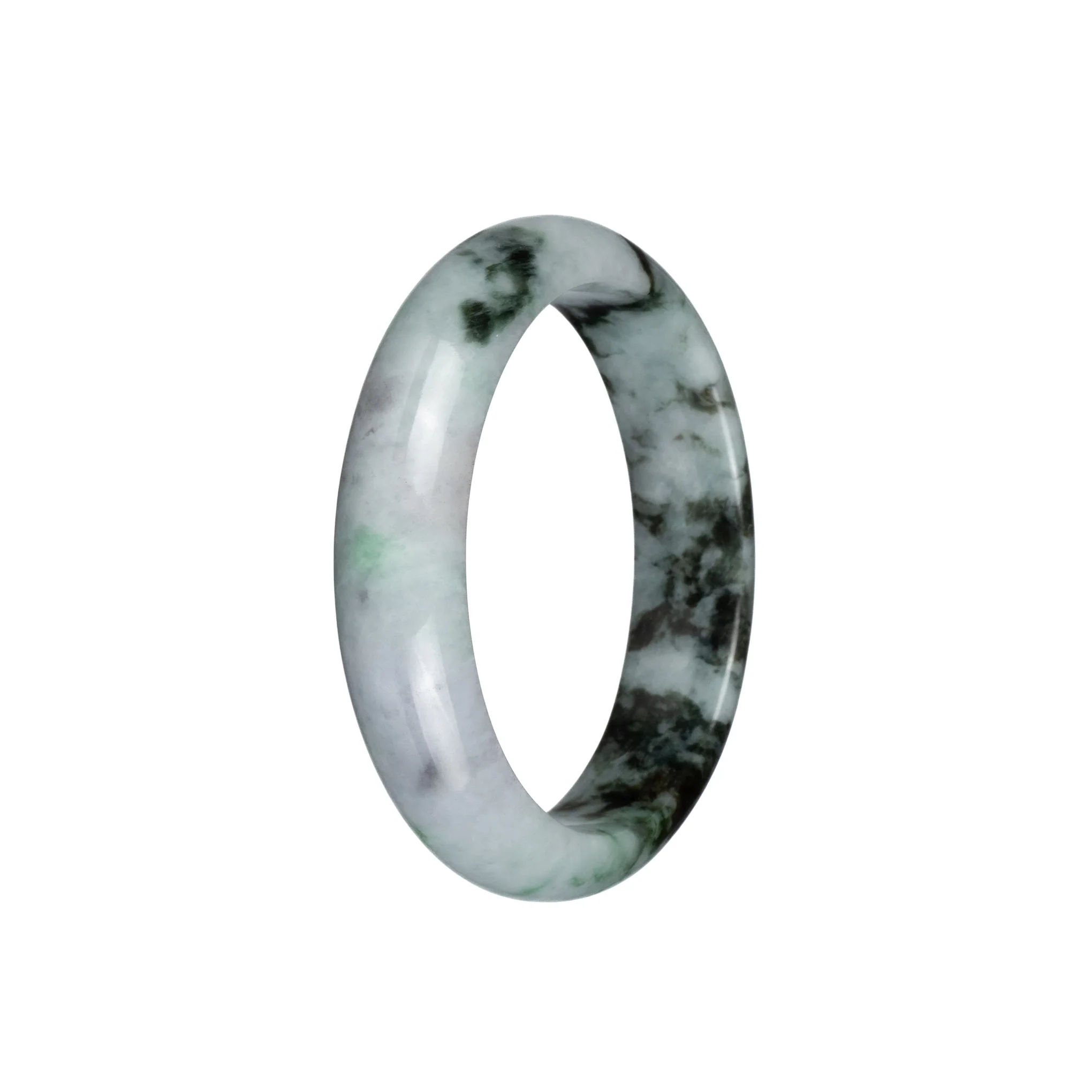 Real Natural White with Dark Green Patterns Jadeite Jade Bracelet - 54mm Half Moon - Image 2