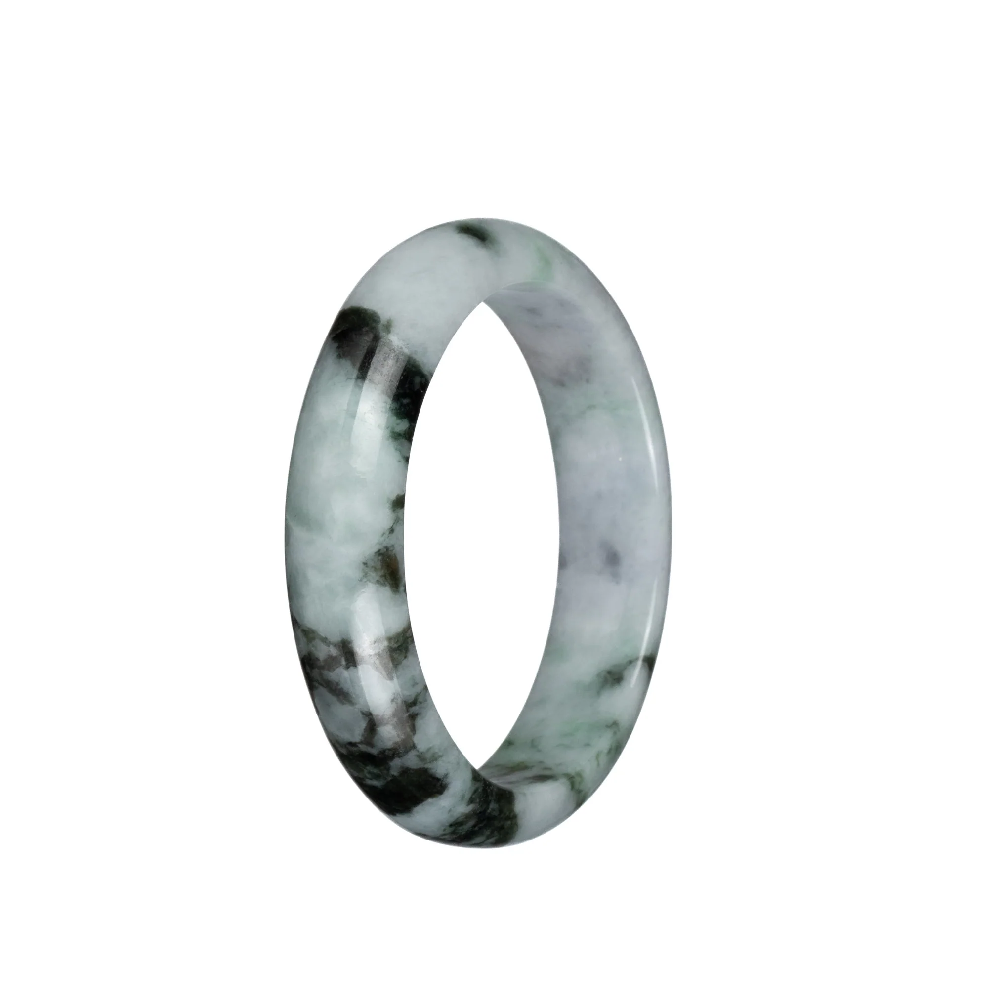 Real Natural White with Dark Green Patterns Jadeite Jade Bracelet - 54mm Half Moon - Image 3