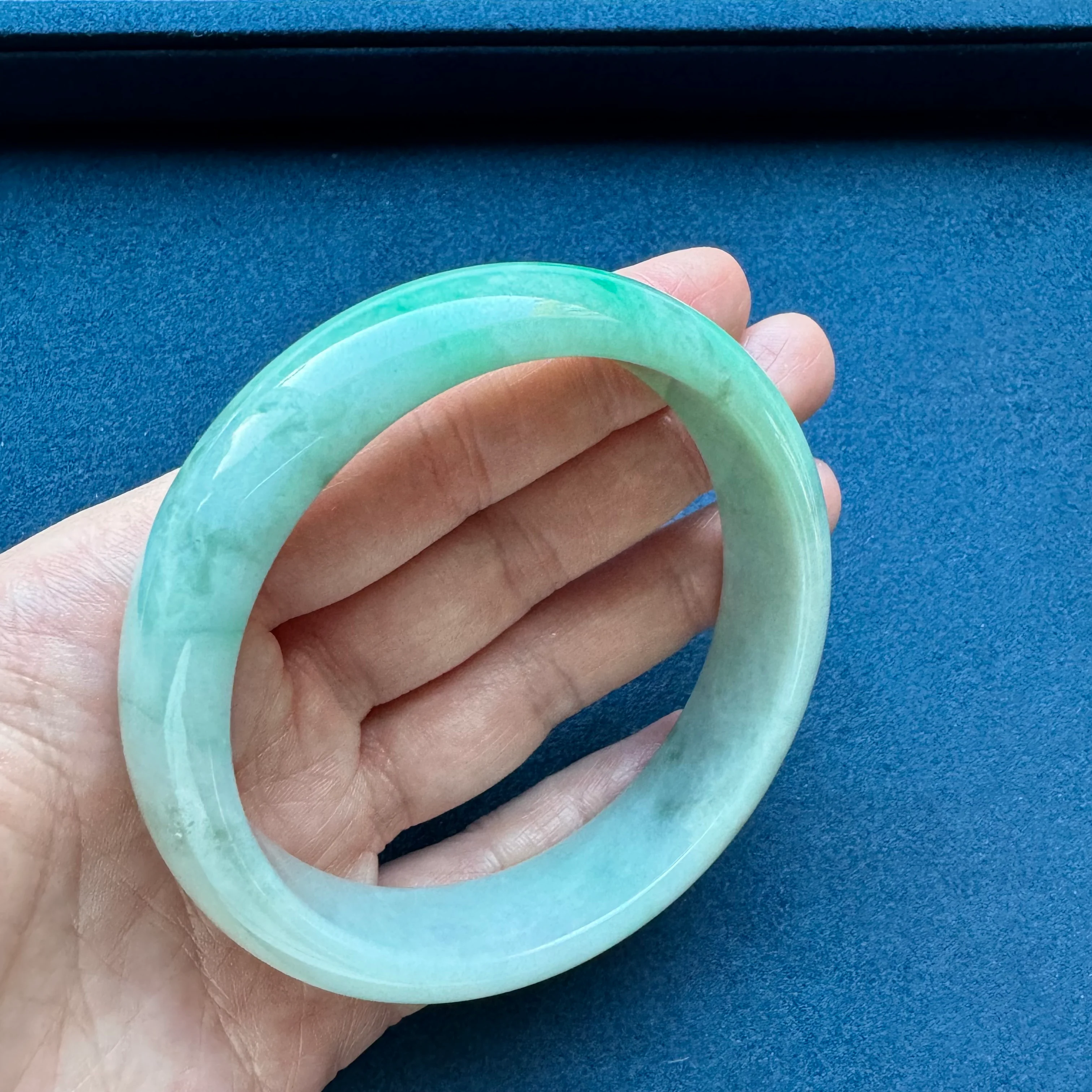 Real Type A Pale Green with Light Green and Light Grey Pattern Traditional Jade Bracelet - 59mm Half Moon - Image 4