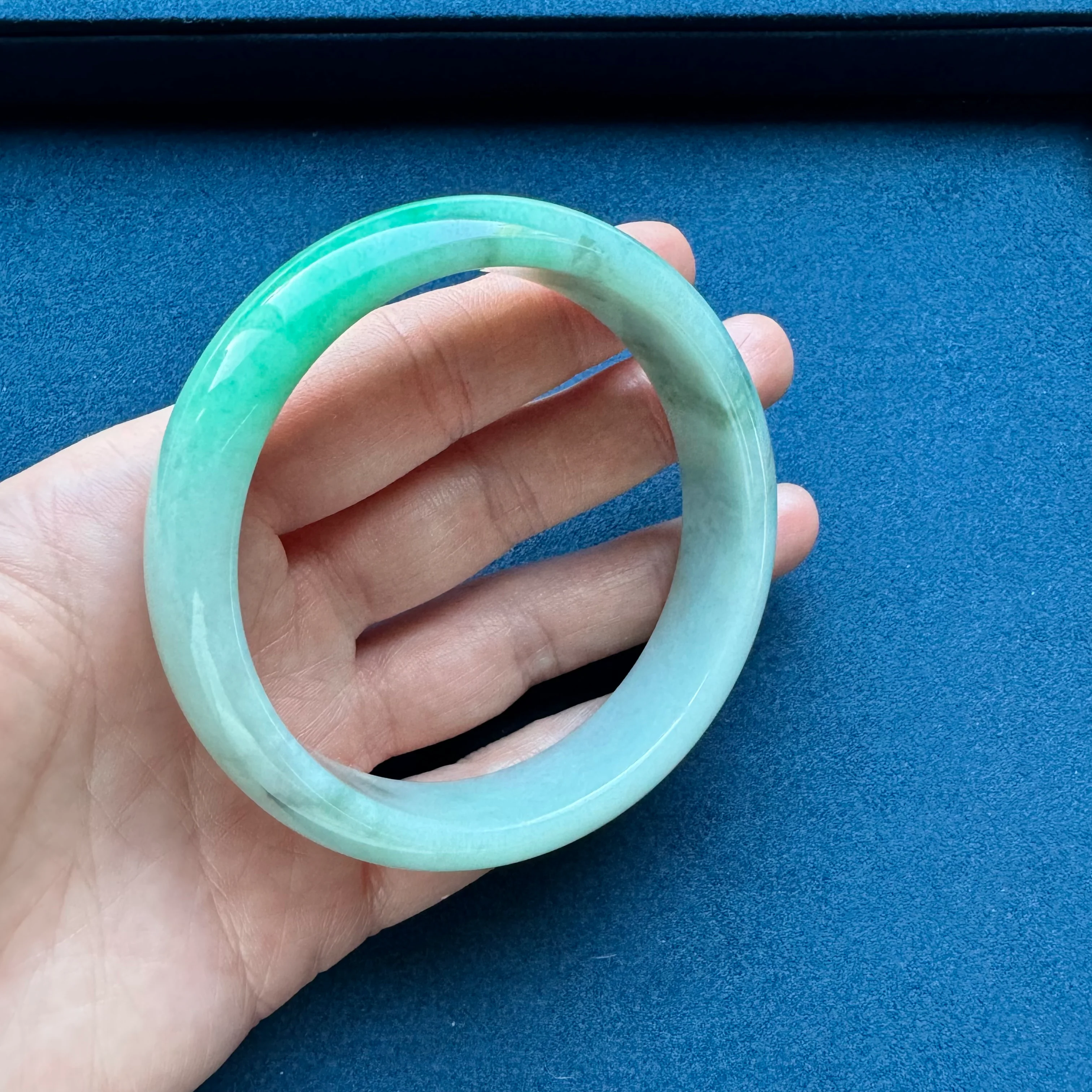 Real Type A Pale Green with Light Green and Light Grey Pattern Traditional Jade Bracelet - 59mm Half Moon - Image 5