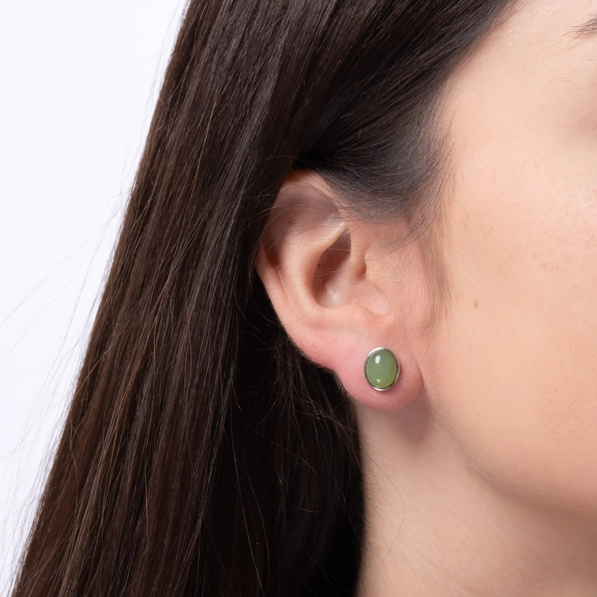 Sage Oval – Green Jade Oval Cabochon Stud Earrings in Sterling Silver - Image 2