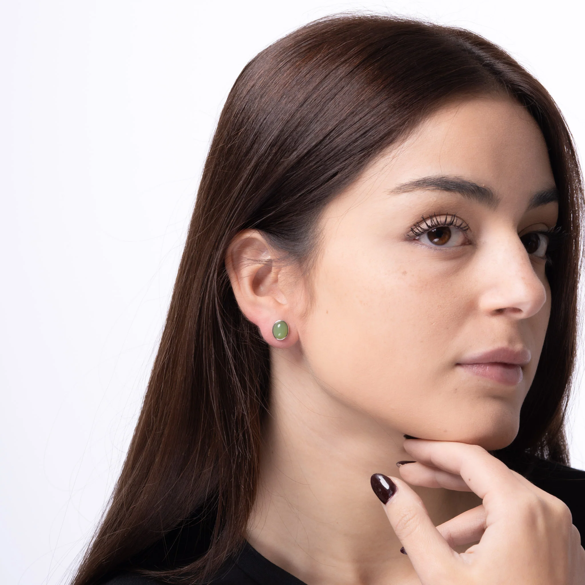 Sage Oval – Green Jade Oval Cabochon Stud Earrings in Sterling Silver - Image 3