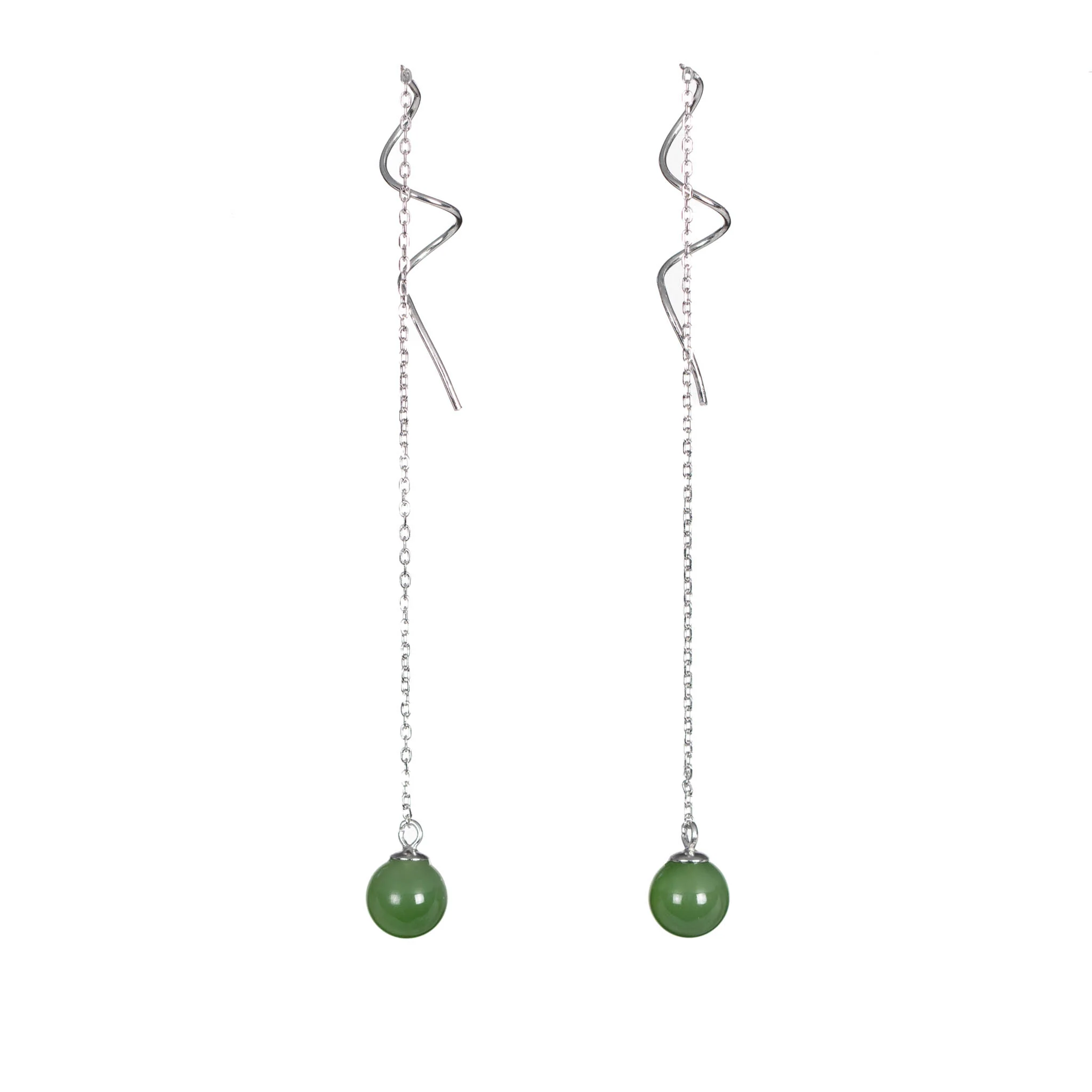 Serenity Threader – Green Jade Drop Earrings in Sterling Silver