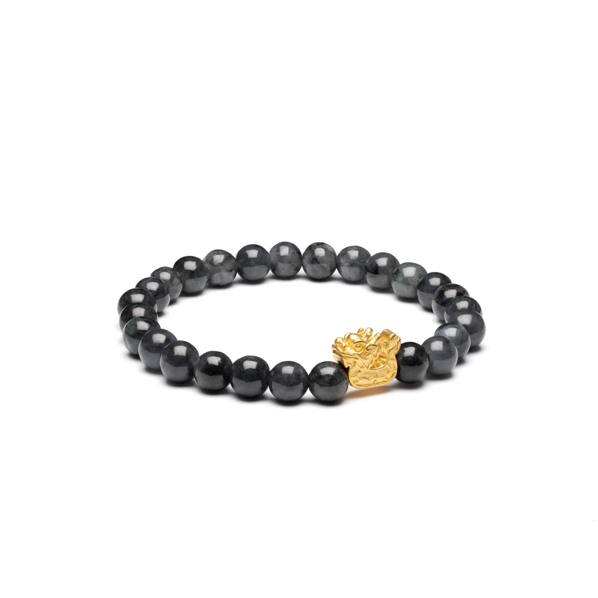 Small Grey and Black Jadeite Jade Bead Bracelet with 24k Gold Dragon - 7mm - Image 3