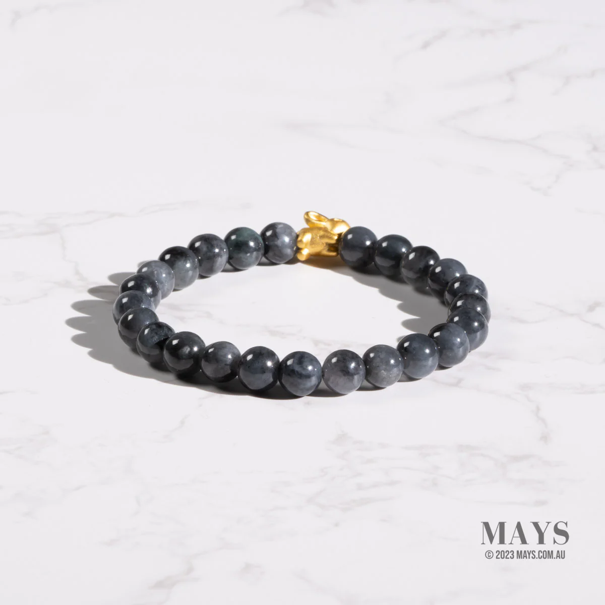 24k Gold Rabbit Jadeite Bead Bracelet - 7mm Black and Grey Beads - Image 2