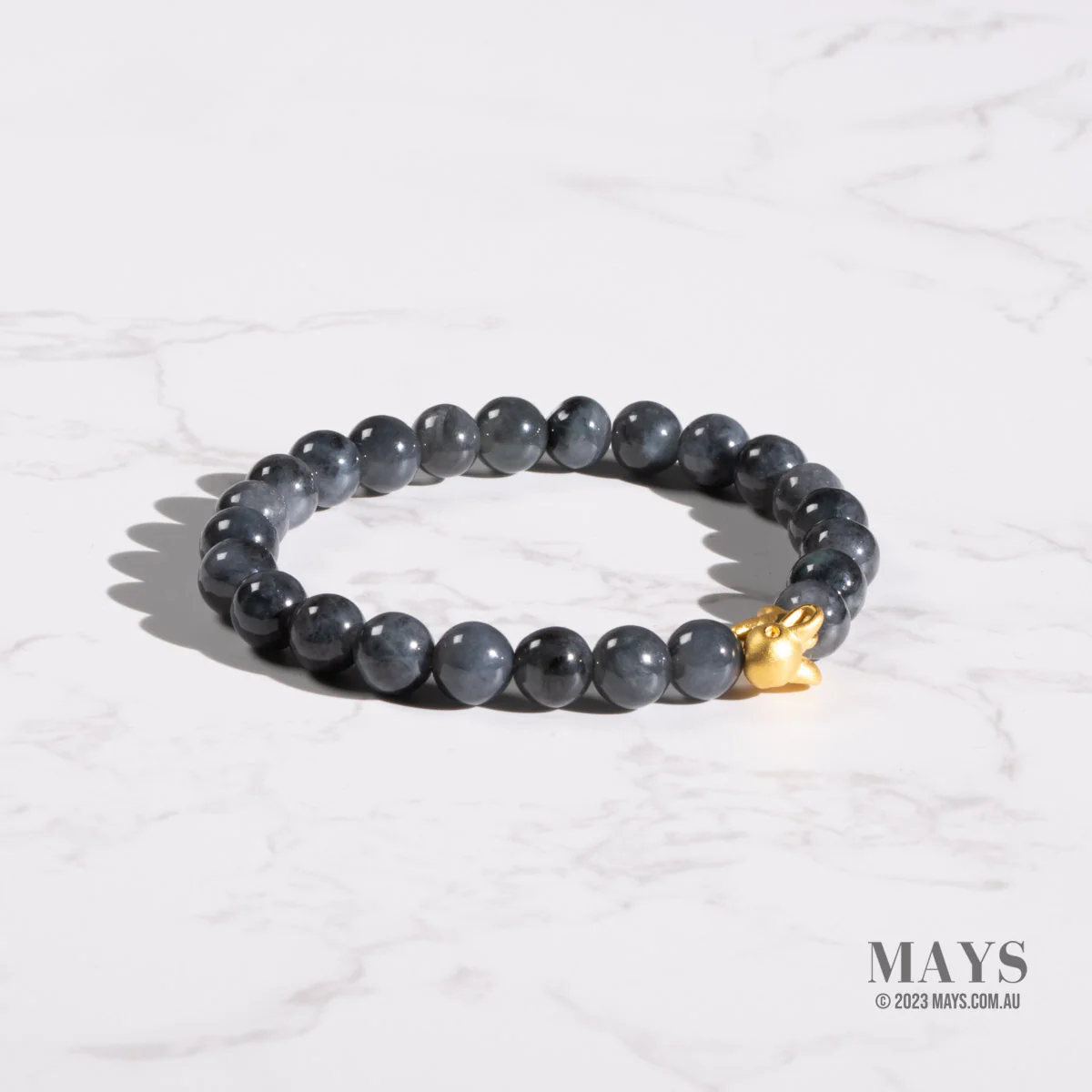 24k Gold Rabbit Jadeite Bead Bracelet - 7mm Black and Grey Beads - Image 3