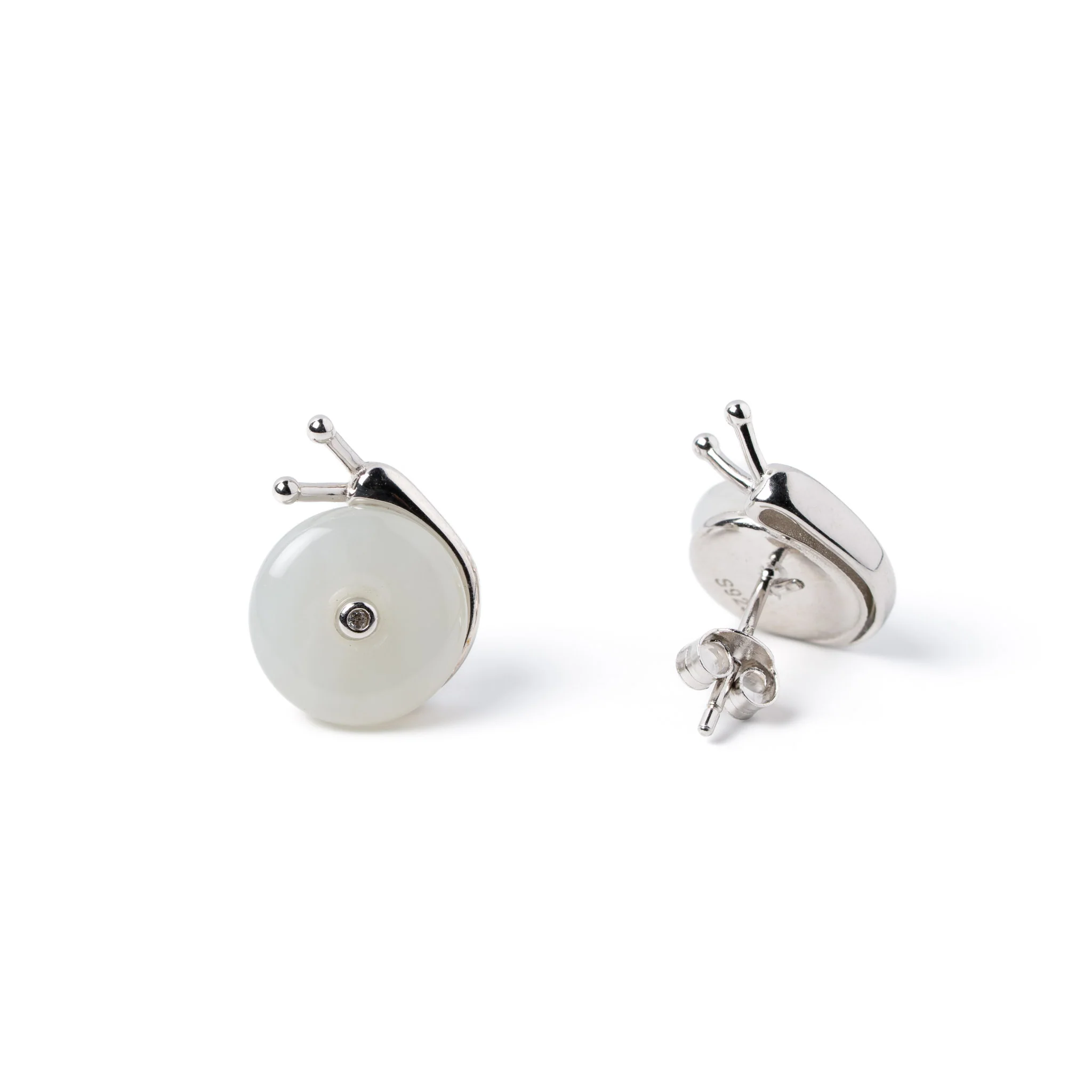 Snail Shell Whisper – White Nephrite Jade Stud Earrings in Sterling Silver - Image 2
