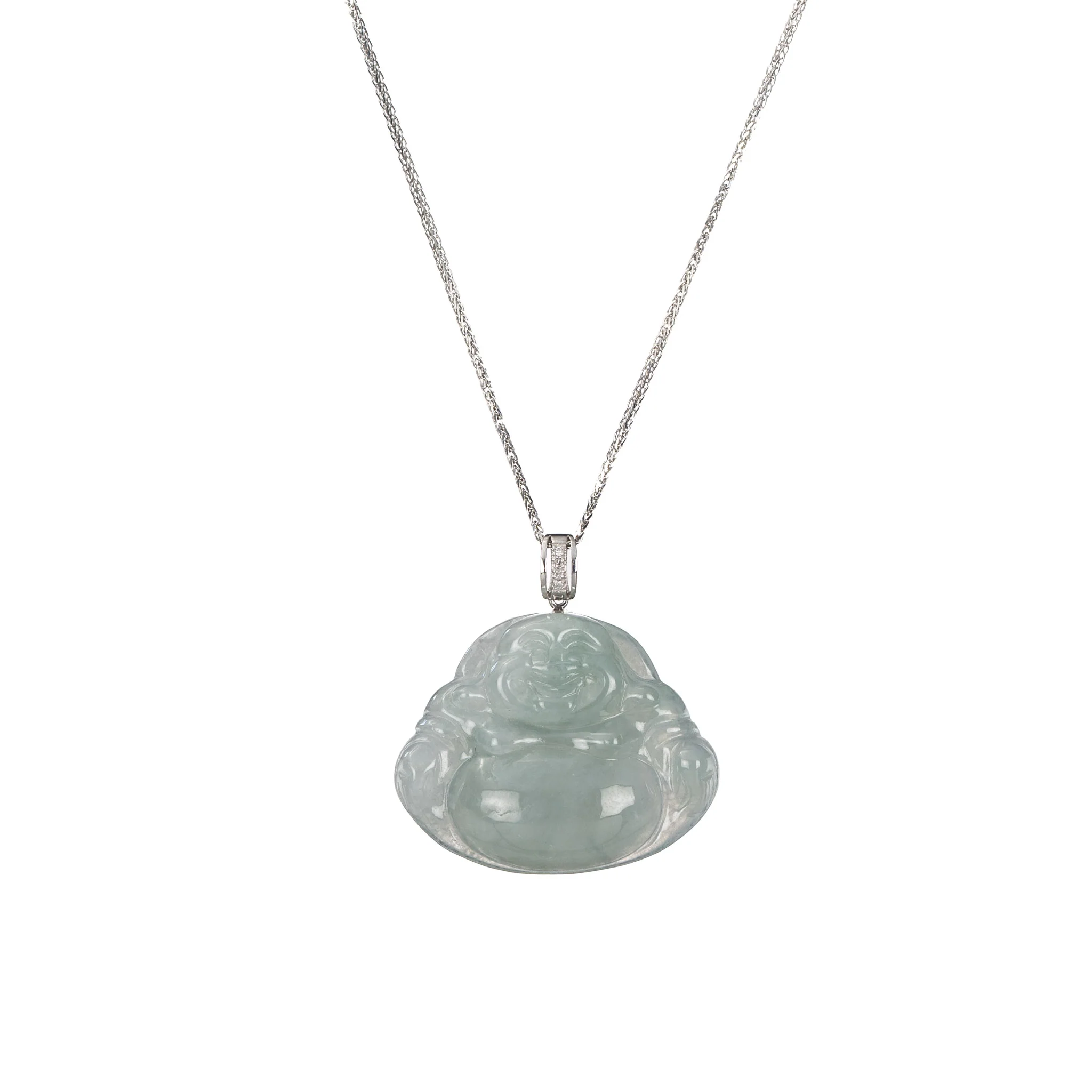 Translucent Happy Buddha Jadeite Jade Necklace with Diamonds