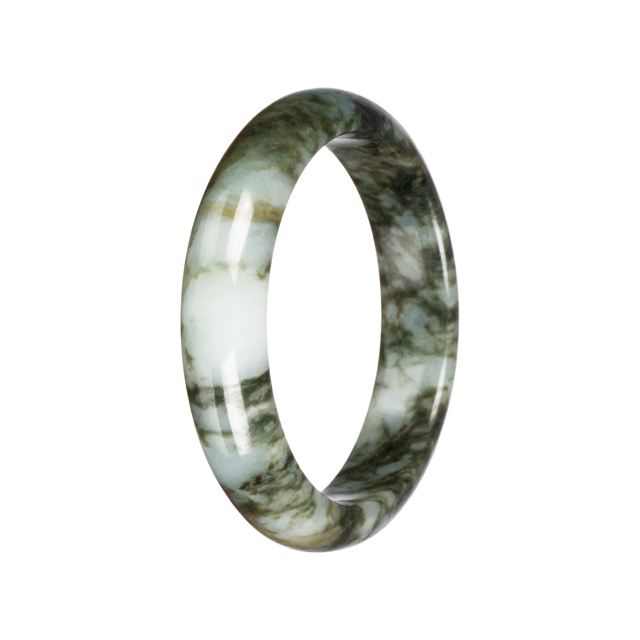 Untreated Deep Olive Green Pattern Jade Bangle - 61mm Half Moon - Image 2