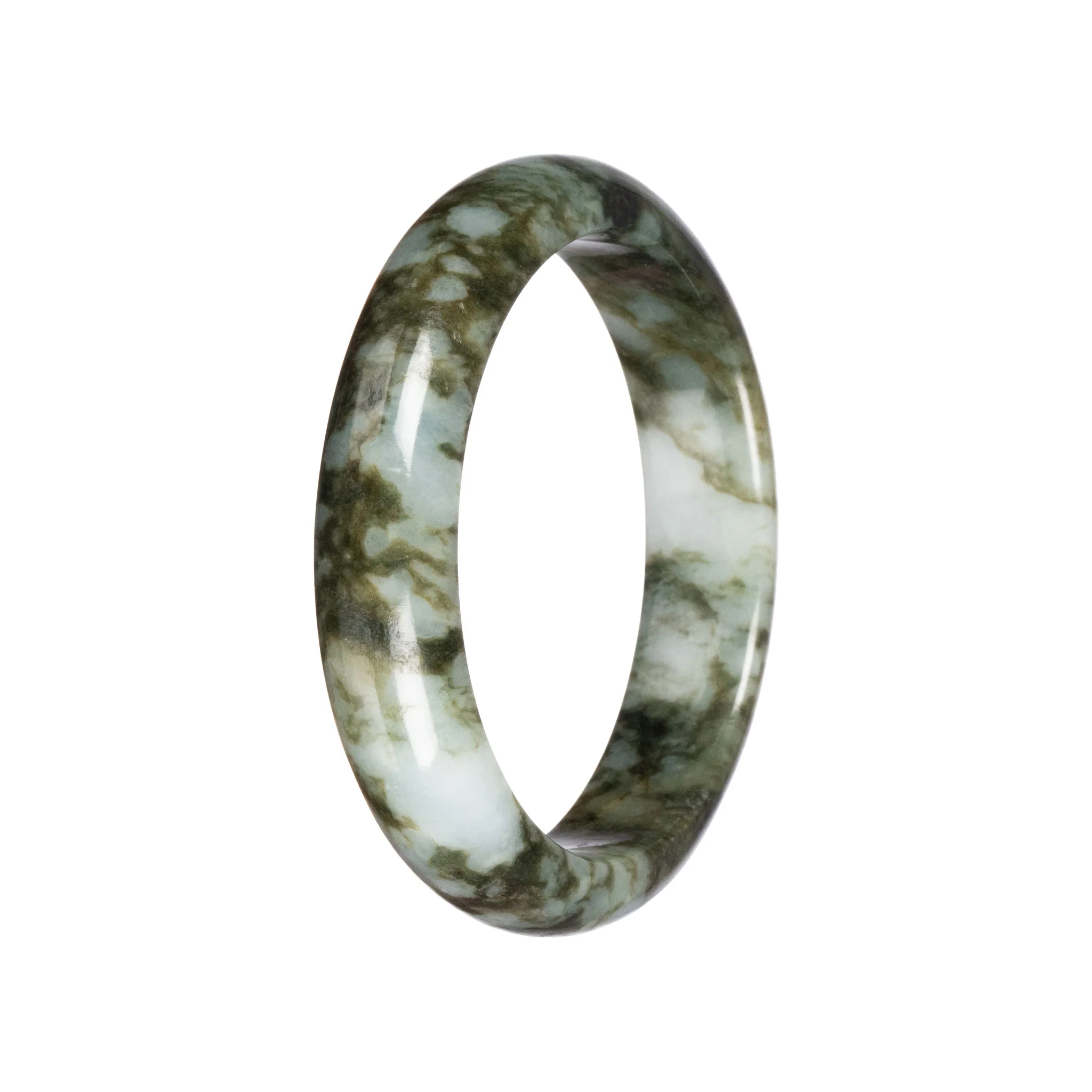 Untreated Deep Olive Green Pattern Jade Bangle - 61mm Half Moon - Image 3