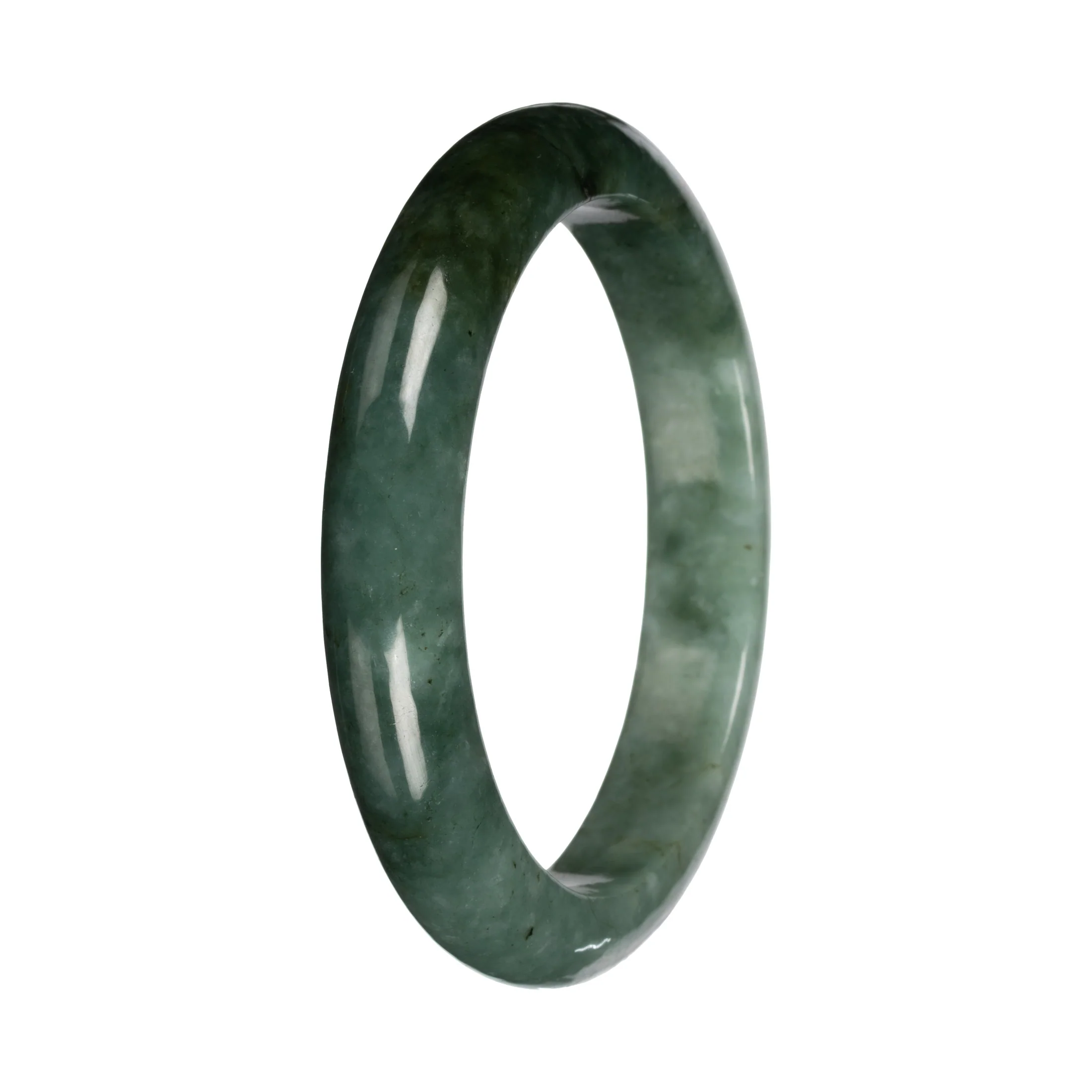 Untreated Green with Deep Green Pattern Burmese Jade Bangle - 56mm Half Moon - Image 2