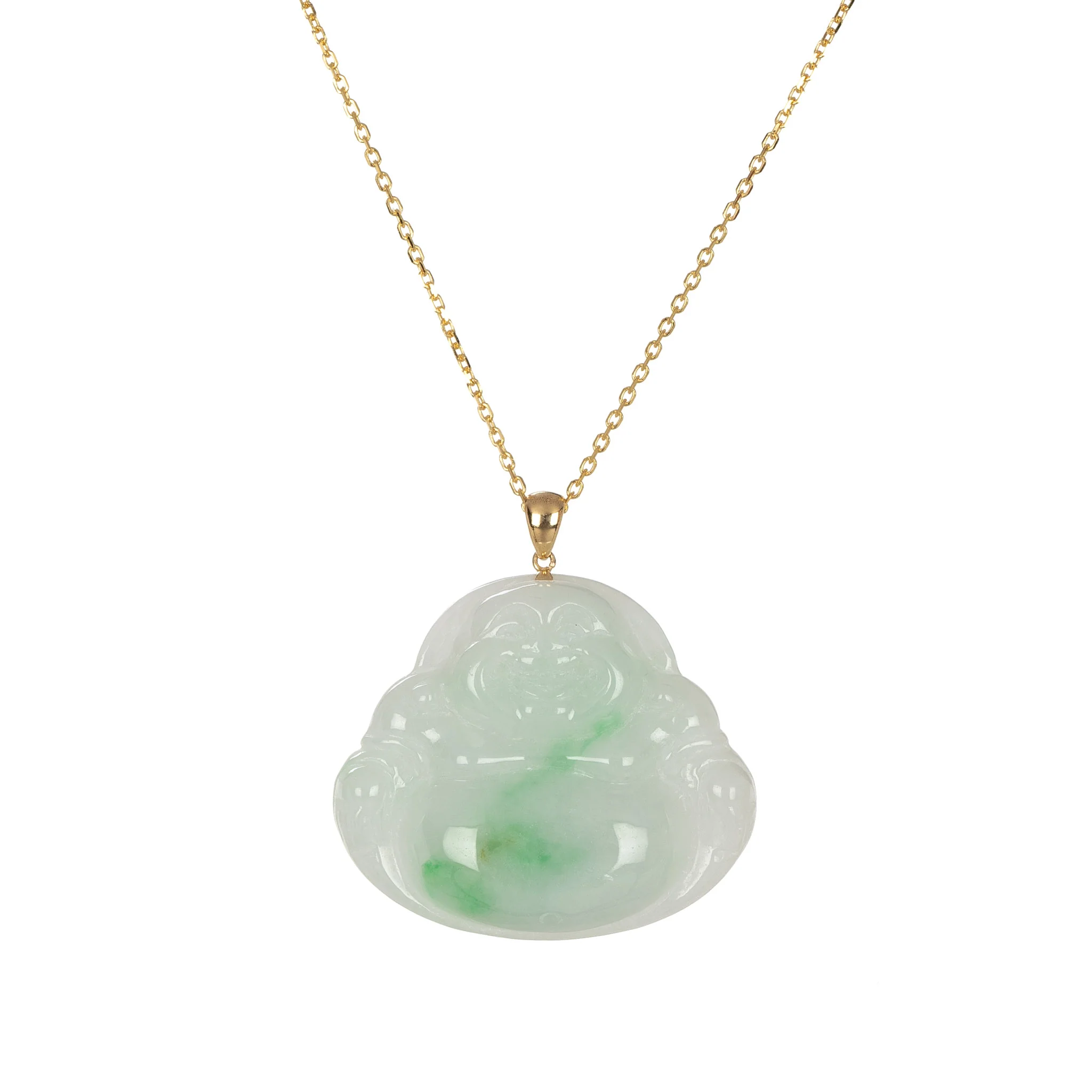 Untreated Happy Buddha Burmese Jade Necklace - 18K Yellow Gold
