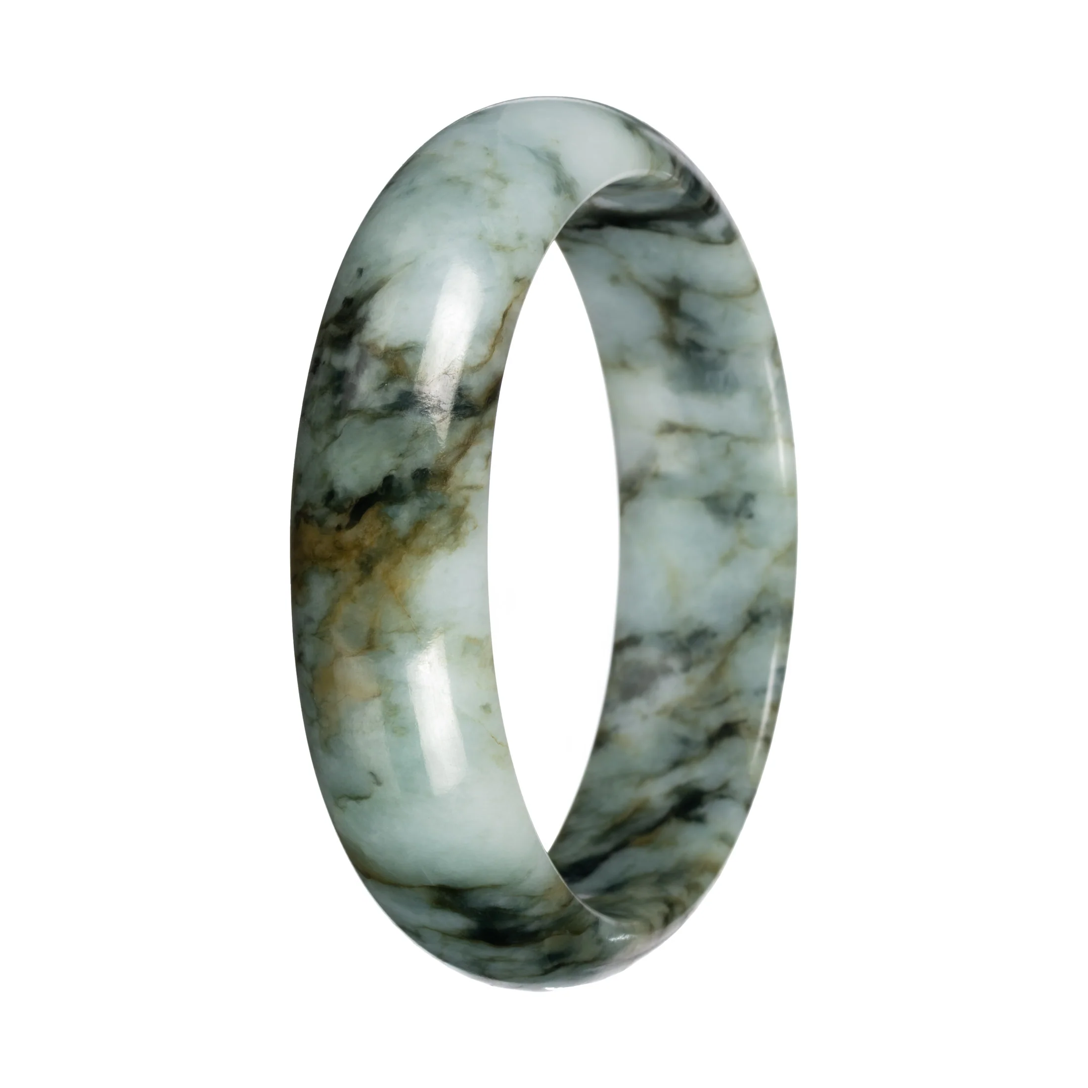 Untreated Light Green with Deep Green and Olive Green Pattern Jade Bangle - 58mm Half Moon - Image 2