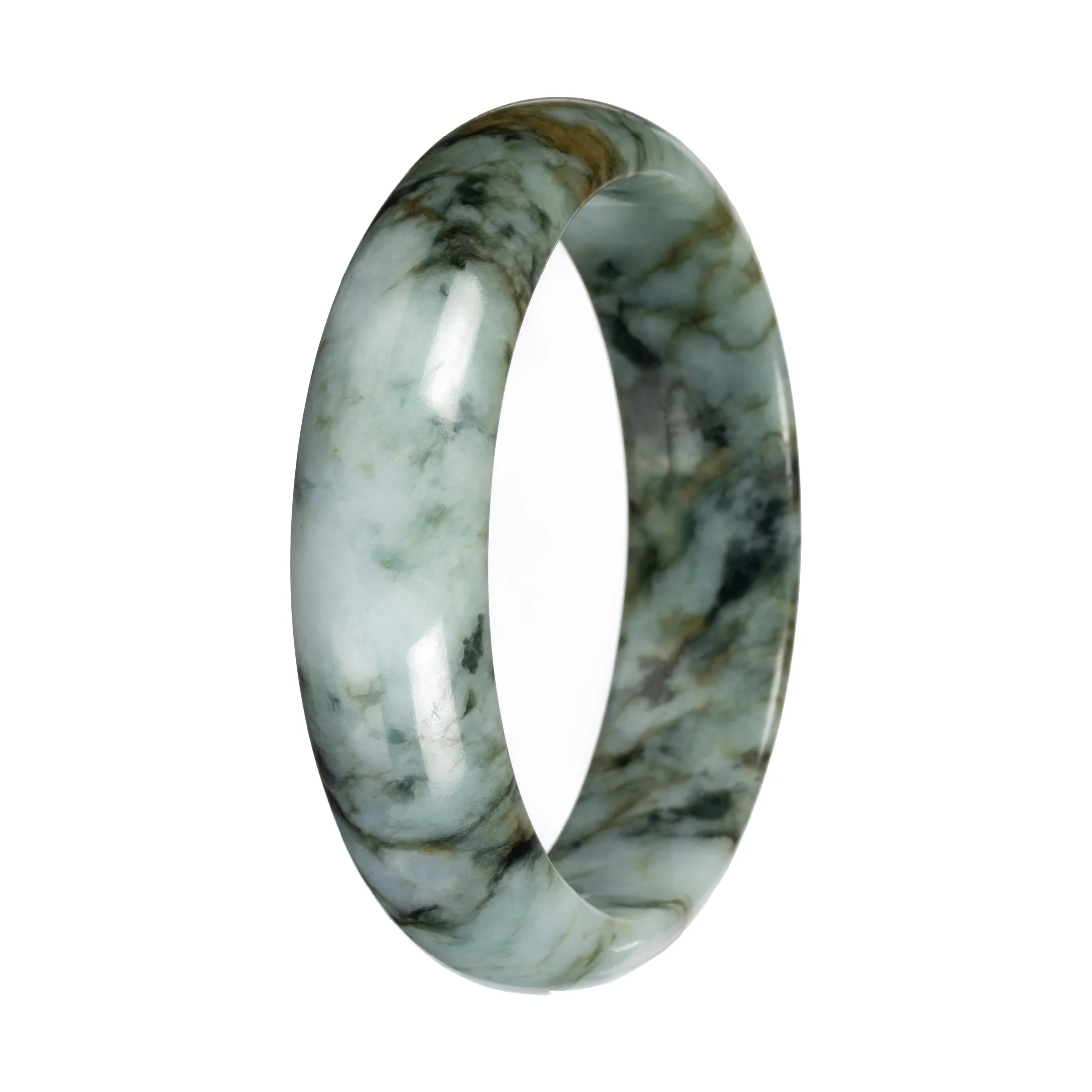 Untreated Light Green with Deep Green and Olive Green Pattern Jade Bangle - 58mm Half Moon - Image 3