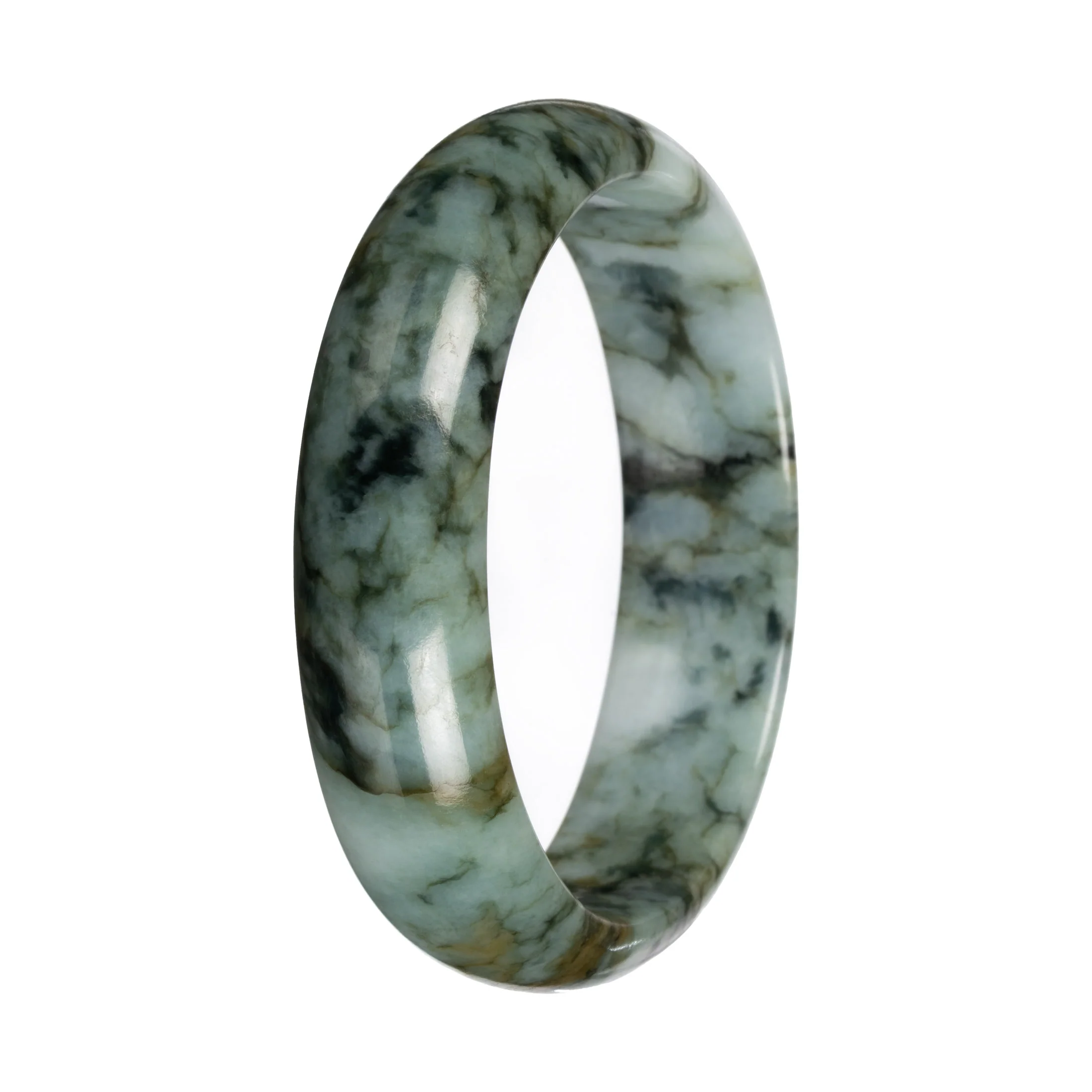 Untreated Light Green with Deep Green and Olive Green Pattern Jade Bangle - 58mm Half Moon - Image 4