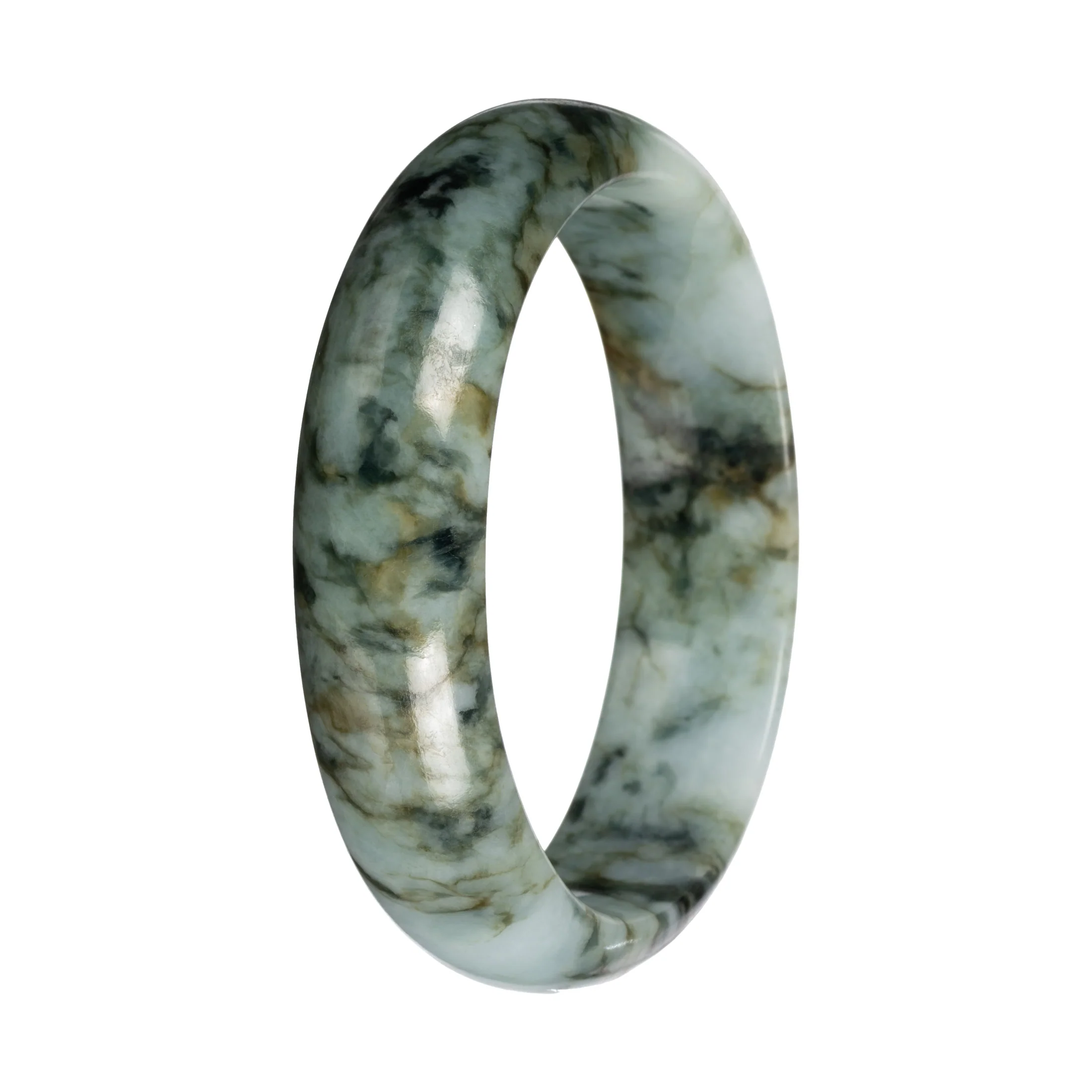 Untreated Light Green with Deep Green and Olive Green Pattern Jade Bangle - 58mm Half Moon - Image 5