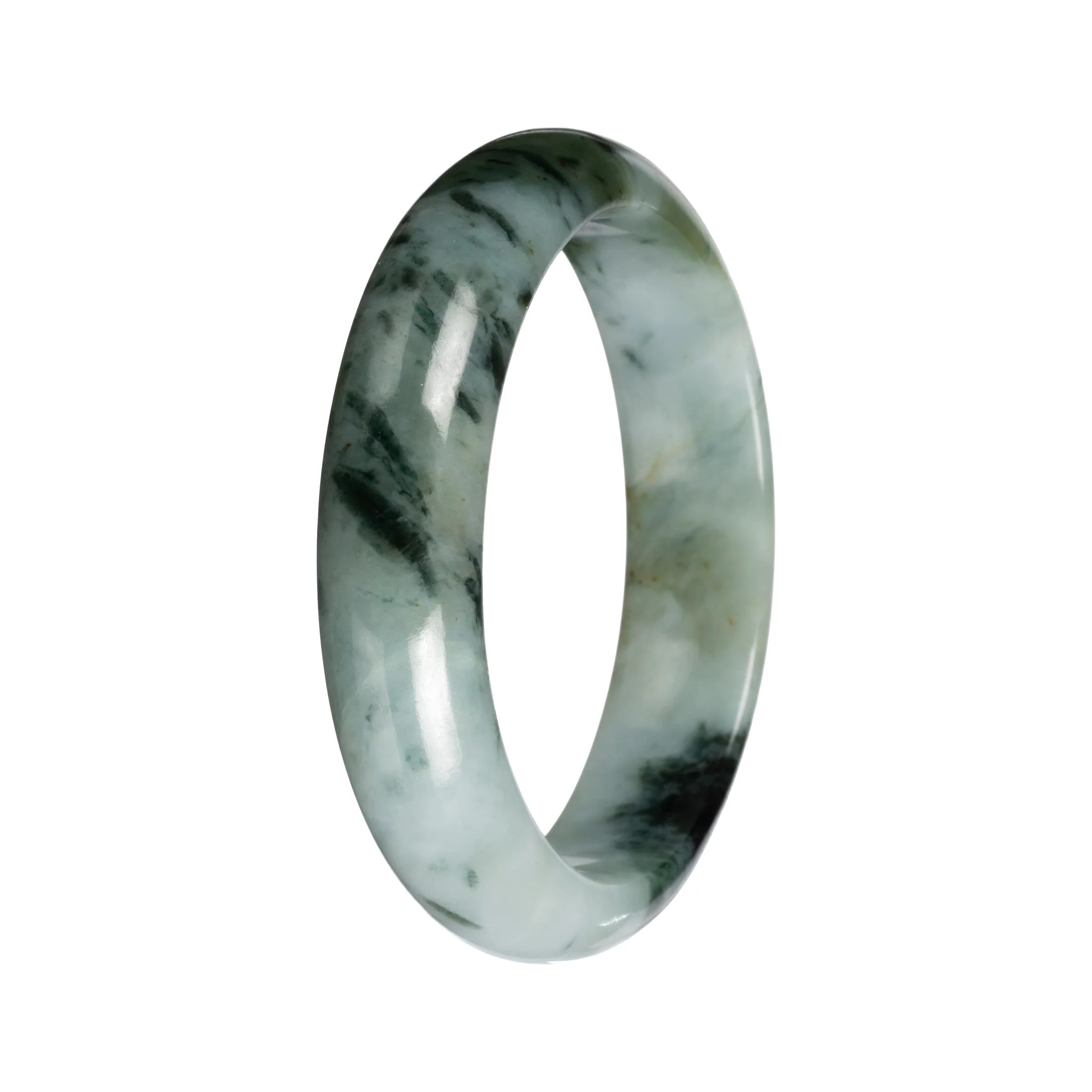 Untreated Light Green with Deep Green and Olive Green Pattern Jade Bangle Bracelet - 53mm Half Moon - Image 2