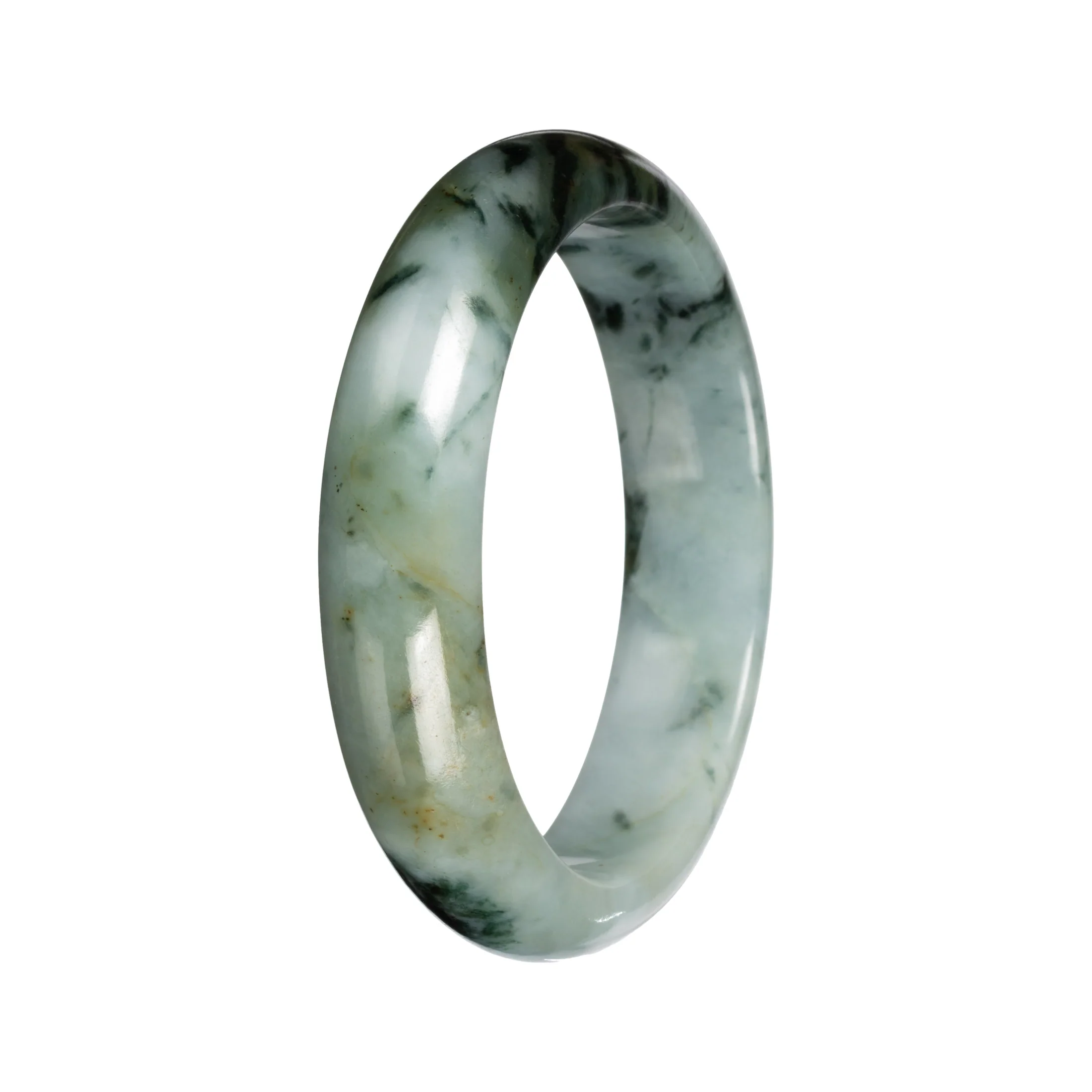 Untreated Light Green with Deep Green and Olive Green Pattern Jade Bangle Bracelet - 53mm Half Moon - Image 3