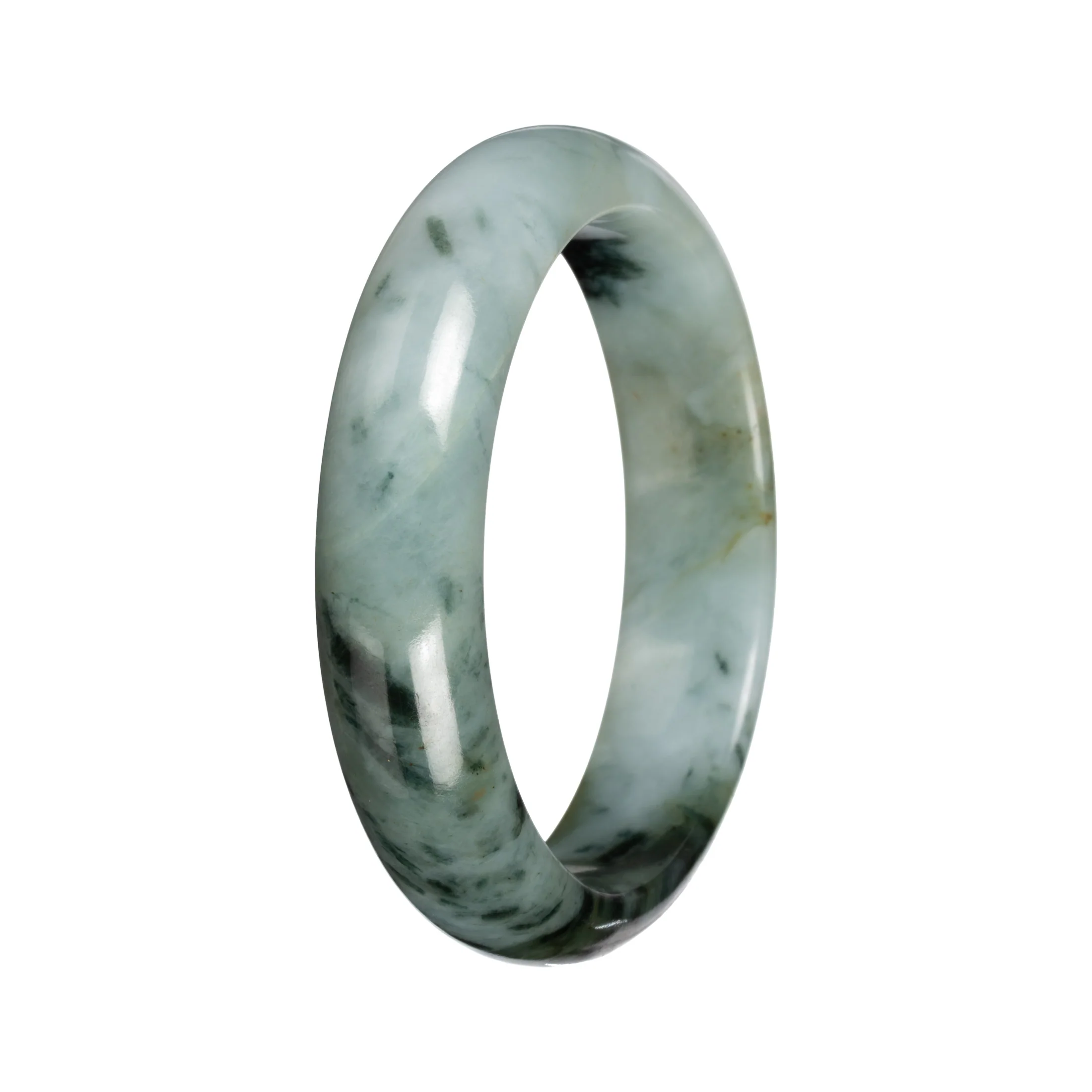 Untreated Light Green with Deep Green and Olive Green Pattern Jade Bangle Bracelet - 53mm Half Moon - Image 4