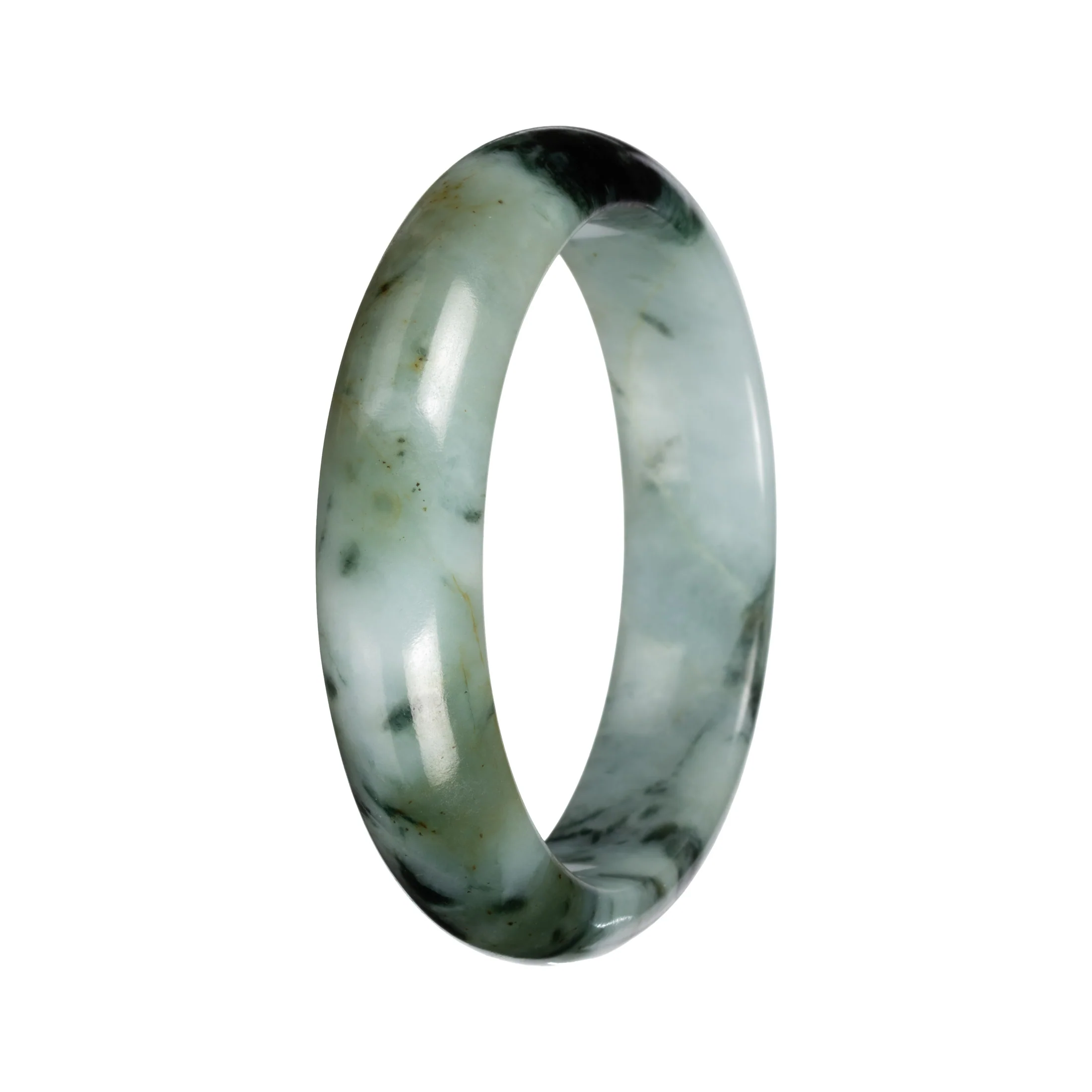 Untreated Light Green with Deep Green and Olive Green Pattern Jade Bangle Bracelet - 53mm Half Moon - Image 5