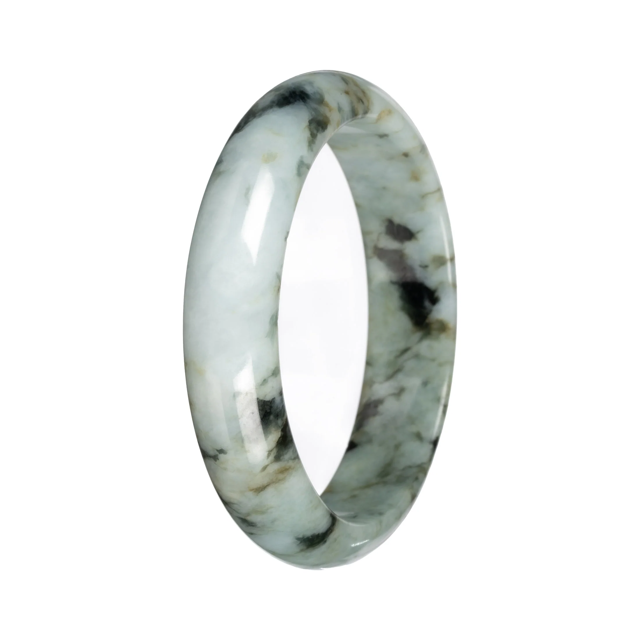 Untreated Light Green with Deep Green and Olive Green Pattern Traditional Jade Bangle - 55mm Half Moon - Image 4