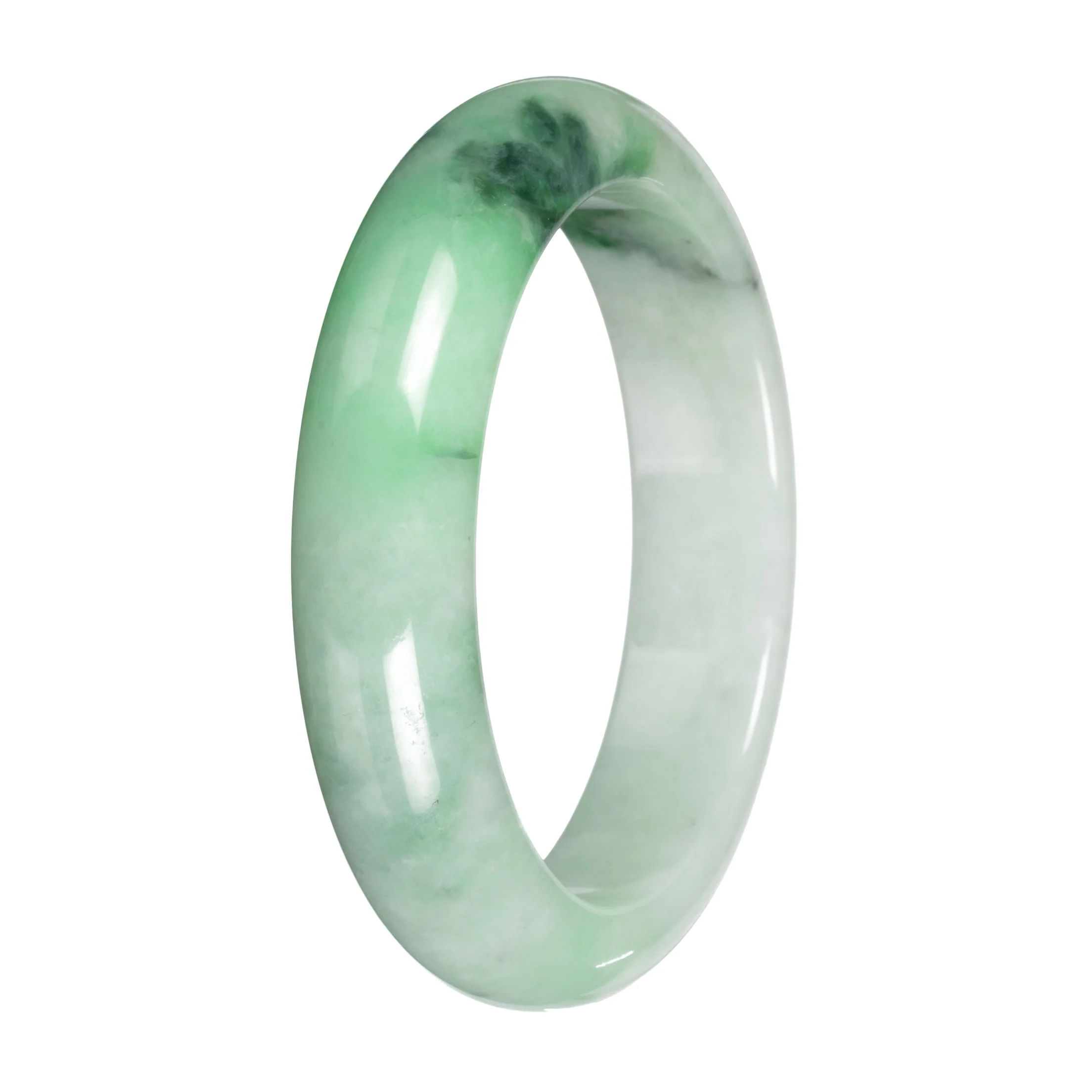 Untreated Pale Green with Apple Green and Green Pattern Burma Jade Bangle Bracelet - 57mm Half Moon
