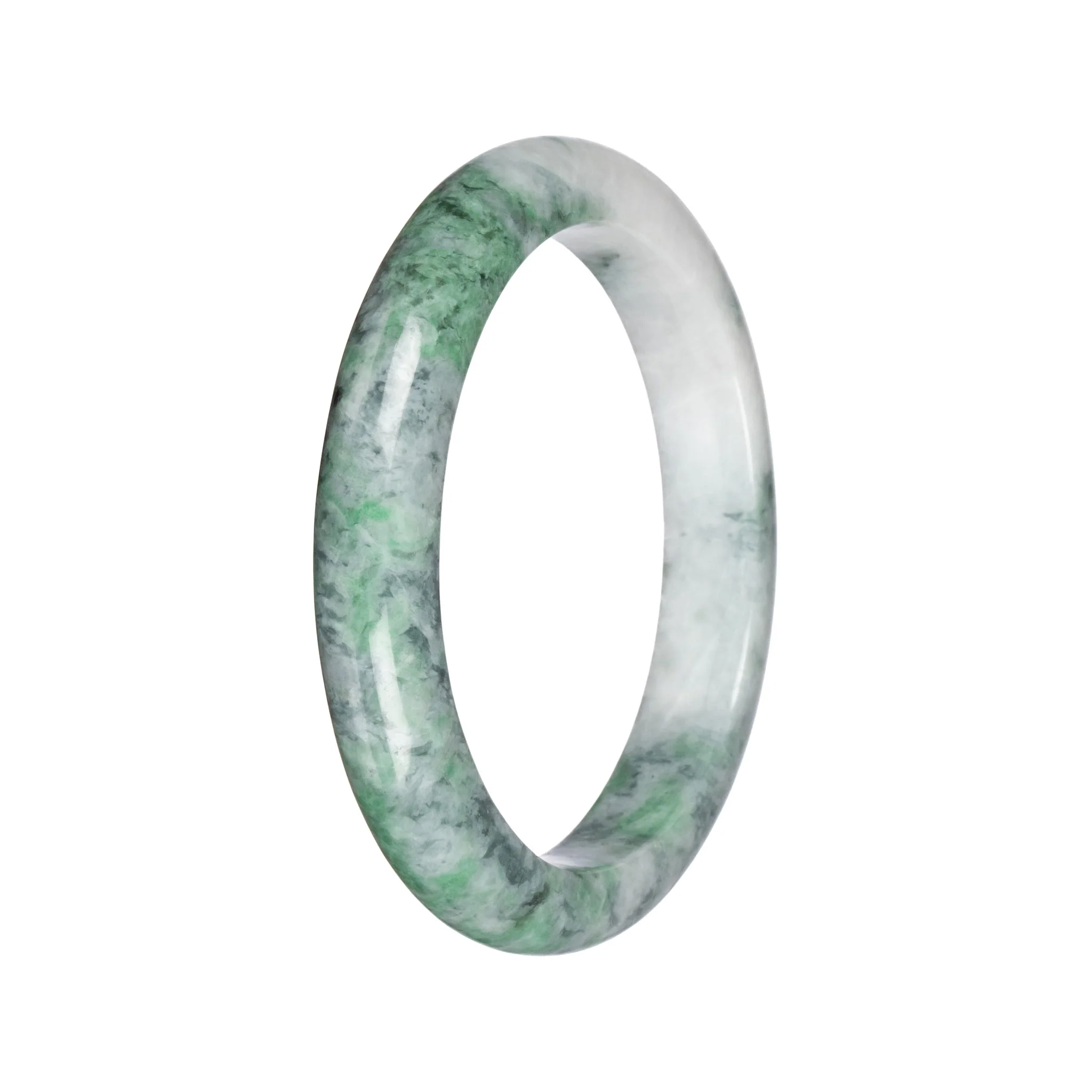 Untreated White with Green Traditional Jade Bangle - 62mm Semi Round