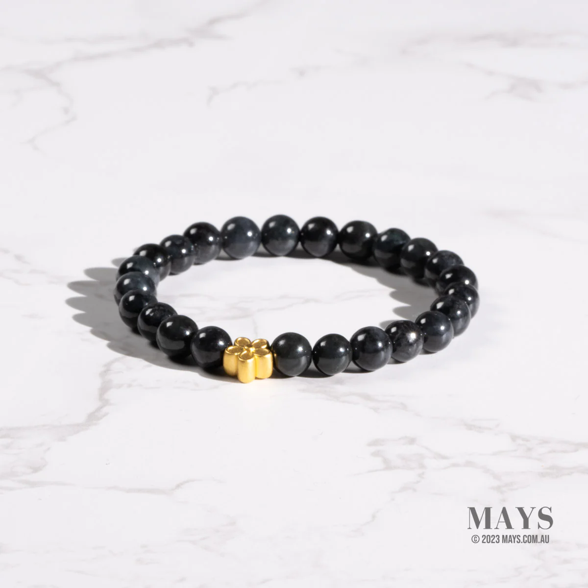 Women's Grey and Black Jadeite Jade Bead Bracelet with 24k Gold Flower - 7mm - Image 2
