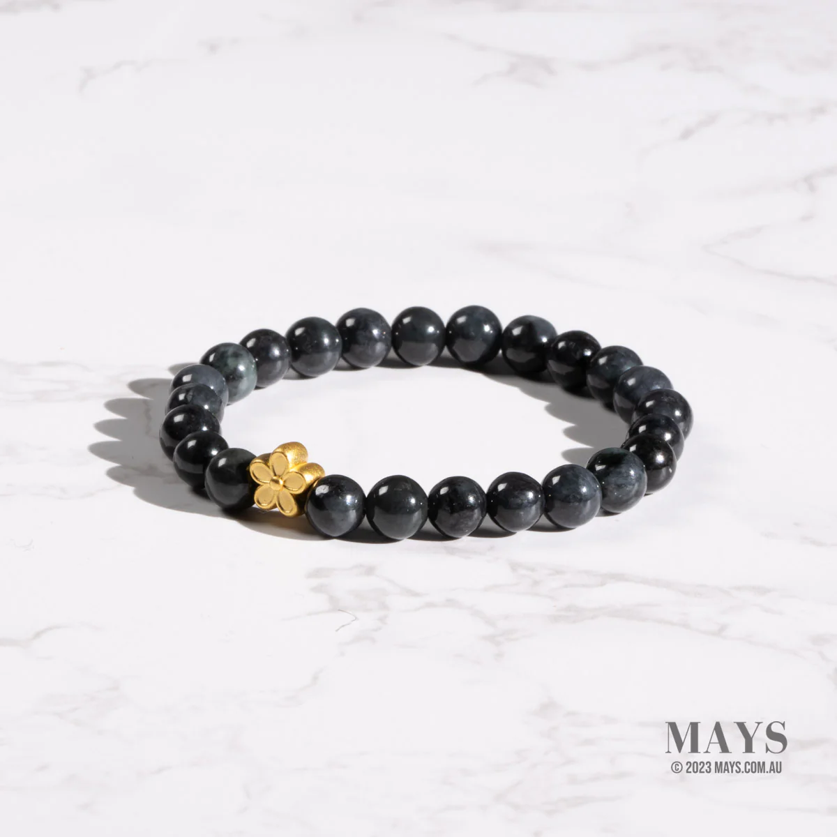 Women's Grey and Black Jadeite Jade Bead Bracelet with 24k Gold Flower - 7mm - Image 3