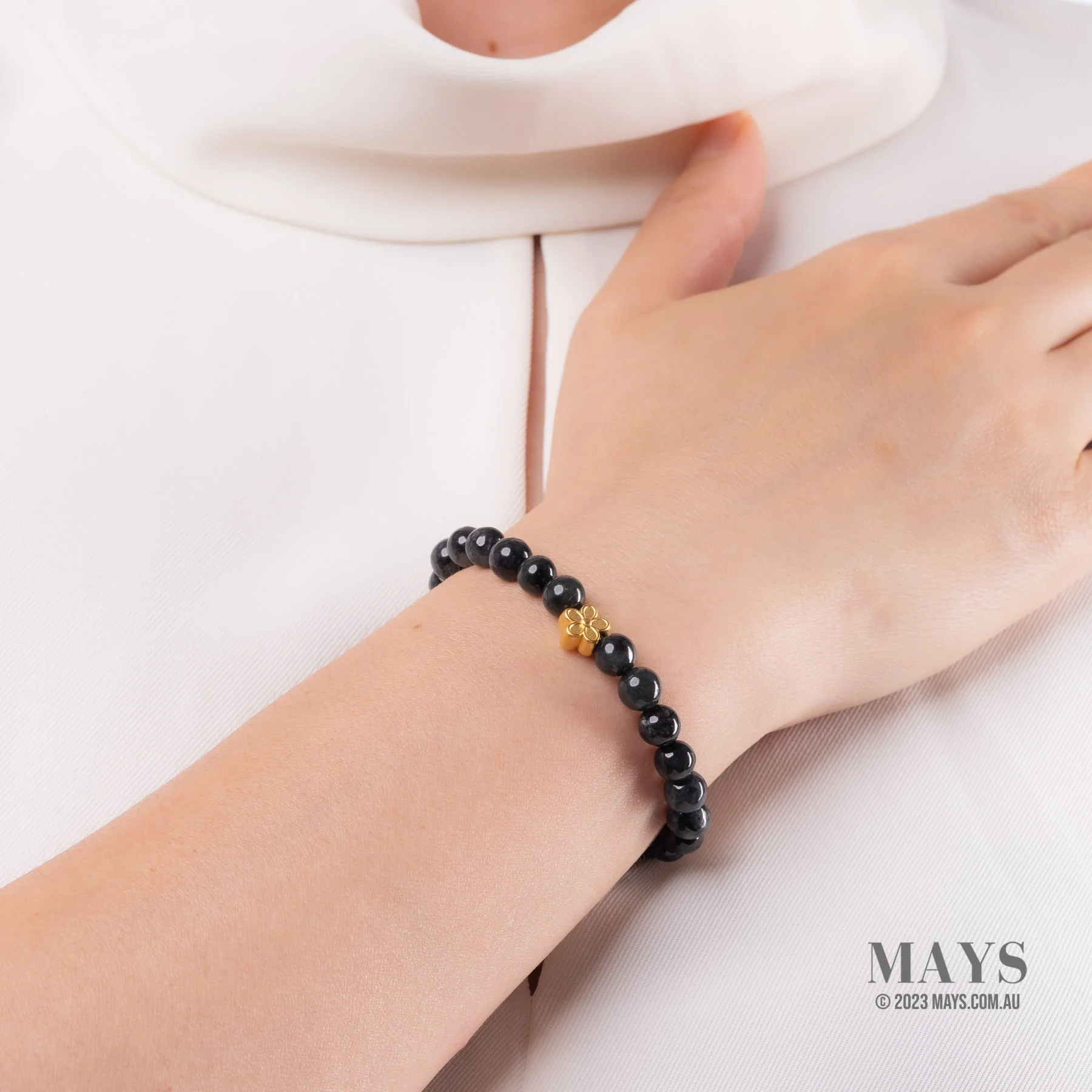 Women's Grey and Black Jadeite Jade Bead Bracelet with 24k Gold Flower - 7mm - Image 4