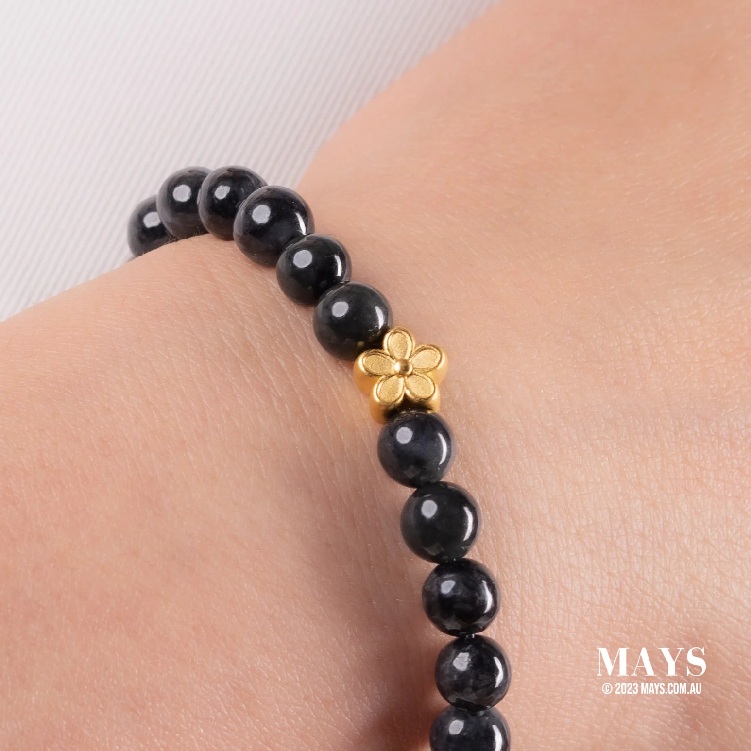 Women's Grey and Black Jadeite Jade Bead Bracelet with 24k Gold Flower - 7mm - Image 6